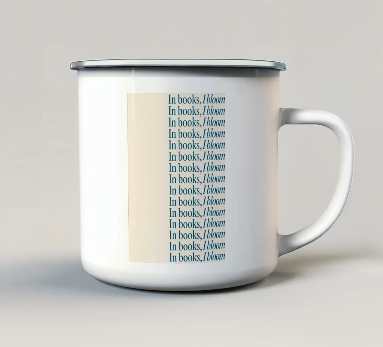 "In Books, I Bloom" Repetitive Typography Art Print enamel mug by vintagepod