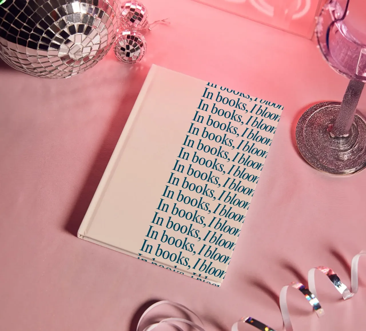 "In Books, I Bloom" Repetitive Typography Art Print notebook by vintagepod