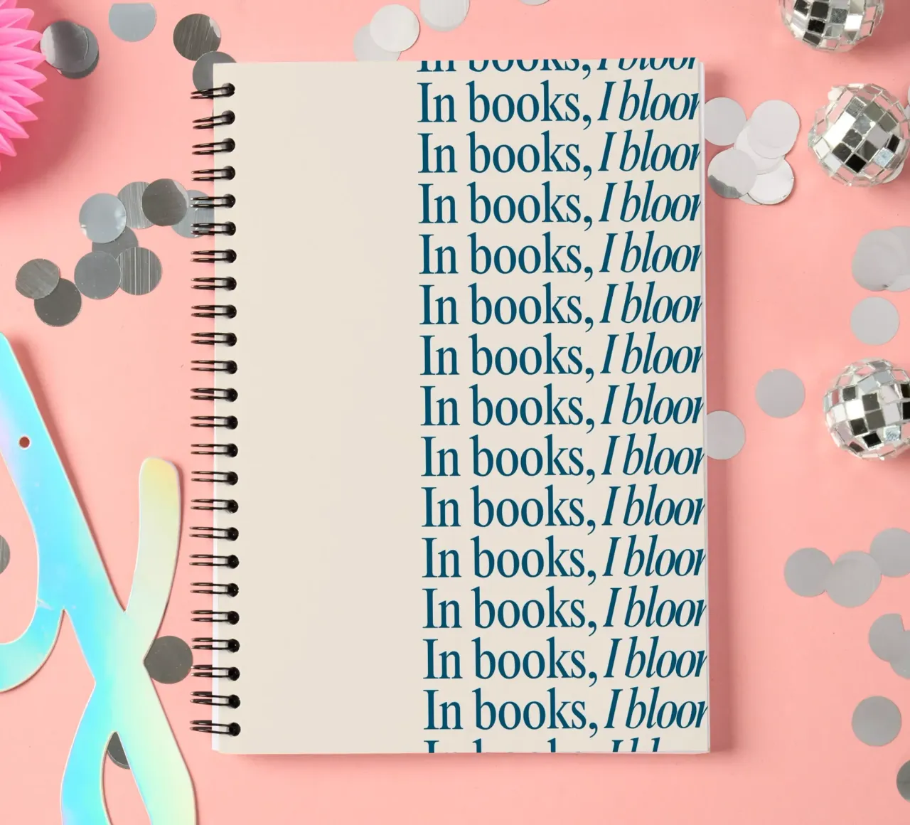 "In Books, I Bloom" Repetitive Typography Art Print spiral notebook by vintagepod