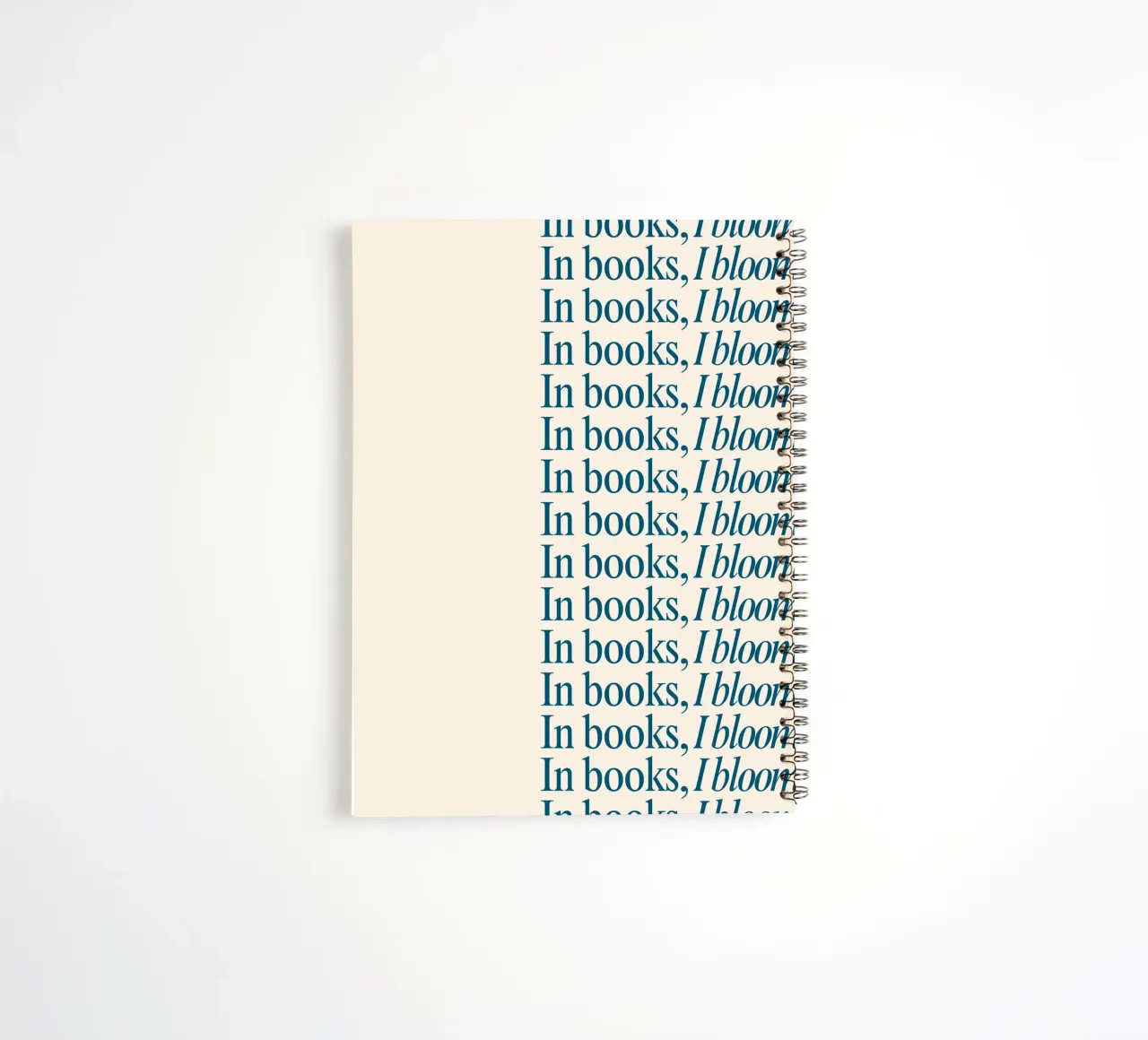 "In Books, I Bloom" Repetitive Typography Art Print spiral notebook by vintagepod