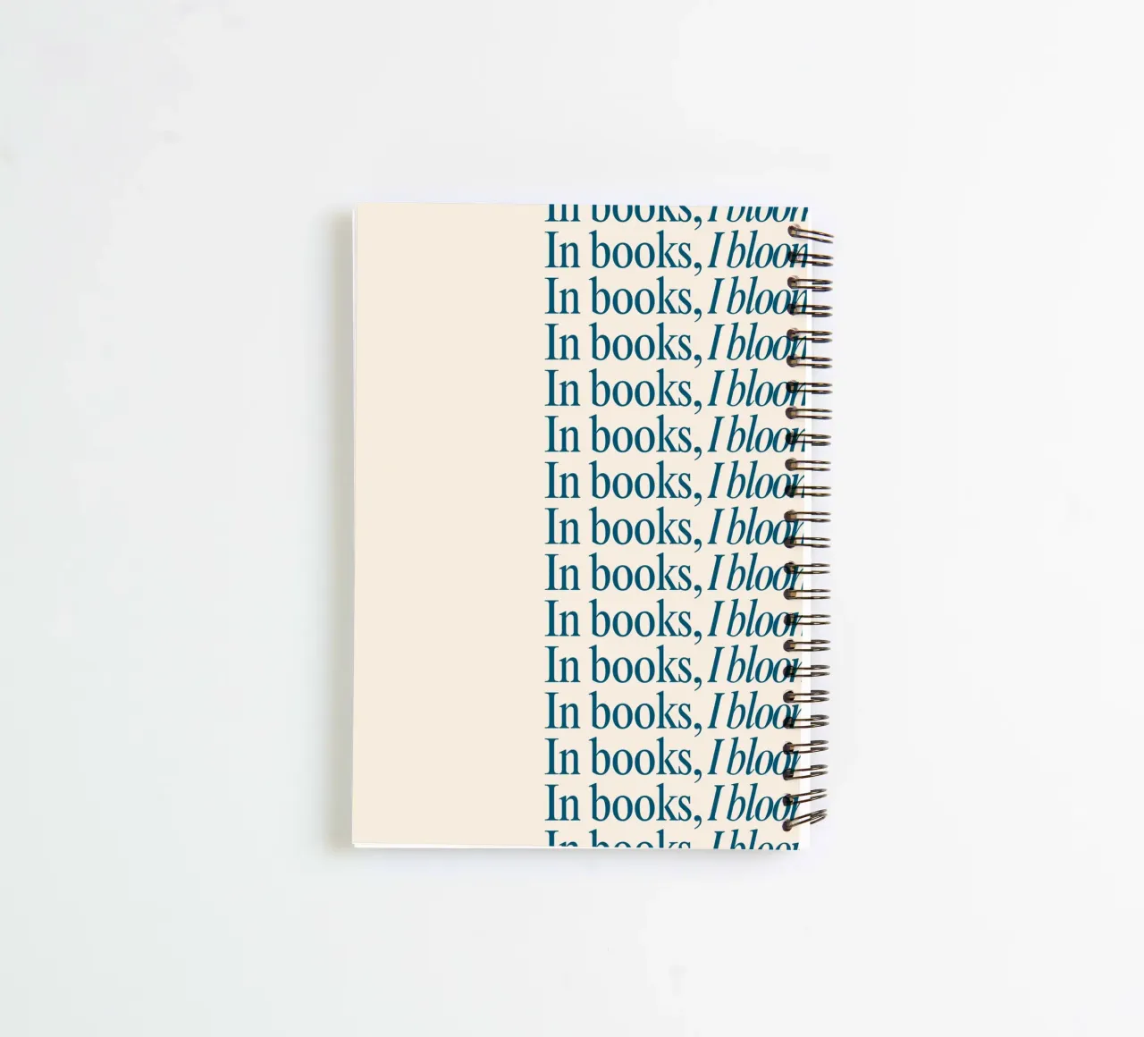 "In Books, I Bloom" Repetitive Typography Art Print spiral notebook by vintagepod