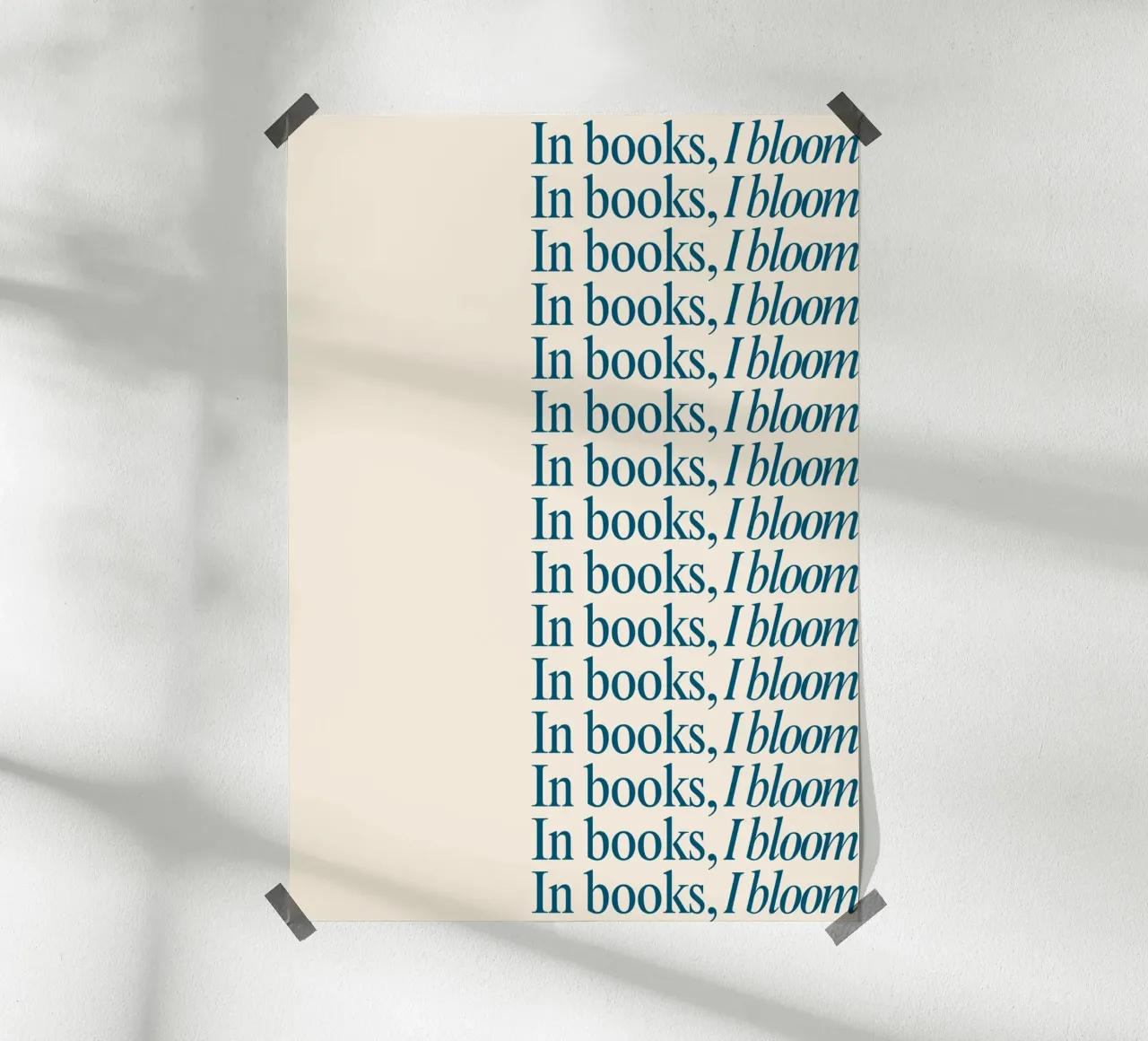 "In Books, I Bloom" Repetitive Typography Art Print poster with plastic frame by vintagepod