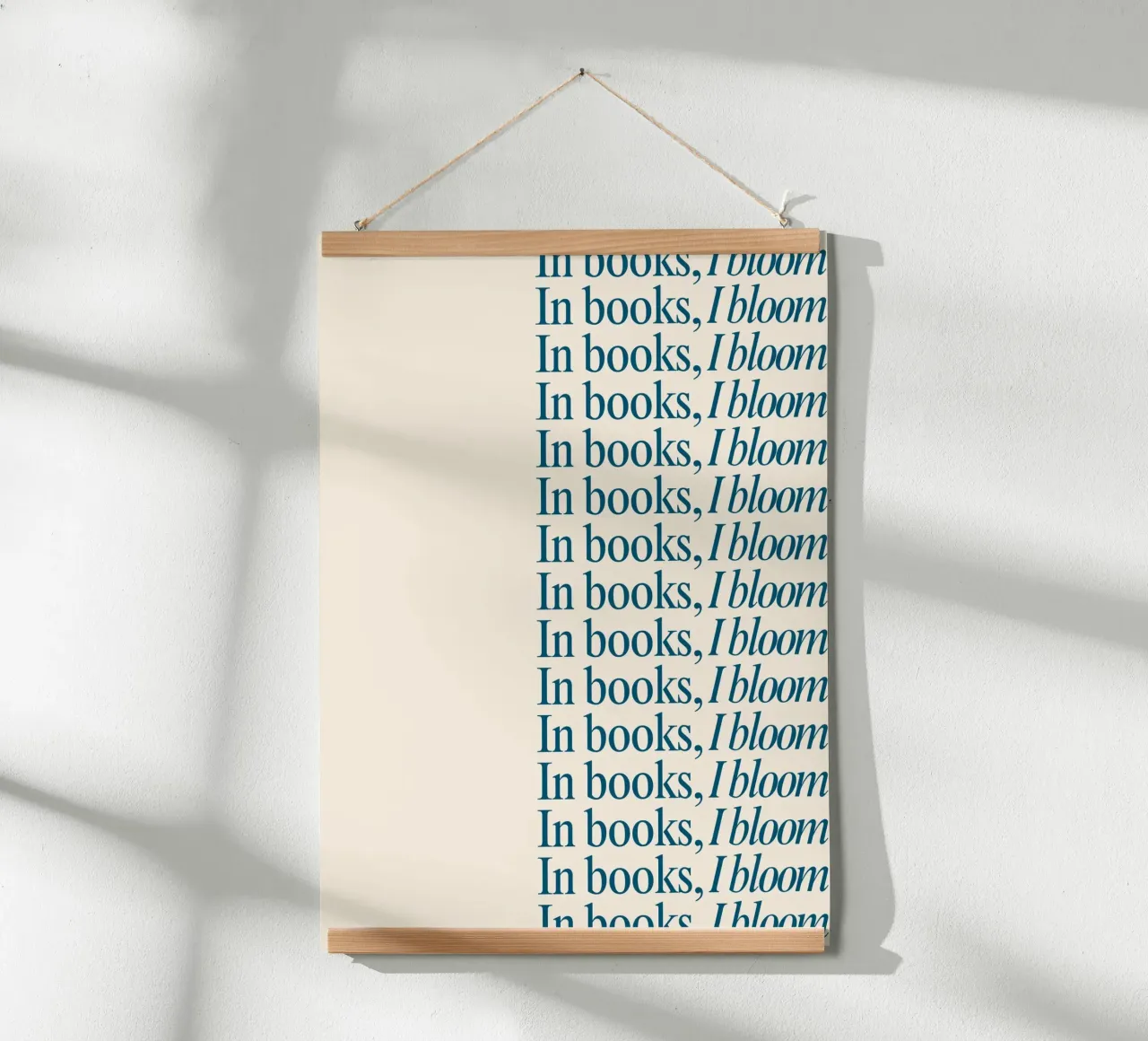 "In Books, I Bloom" Repetitive Typography Art Print poster with plastic frame by vintagepod