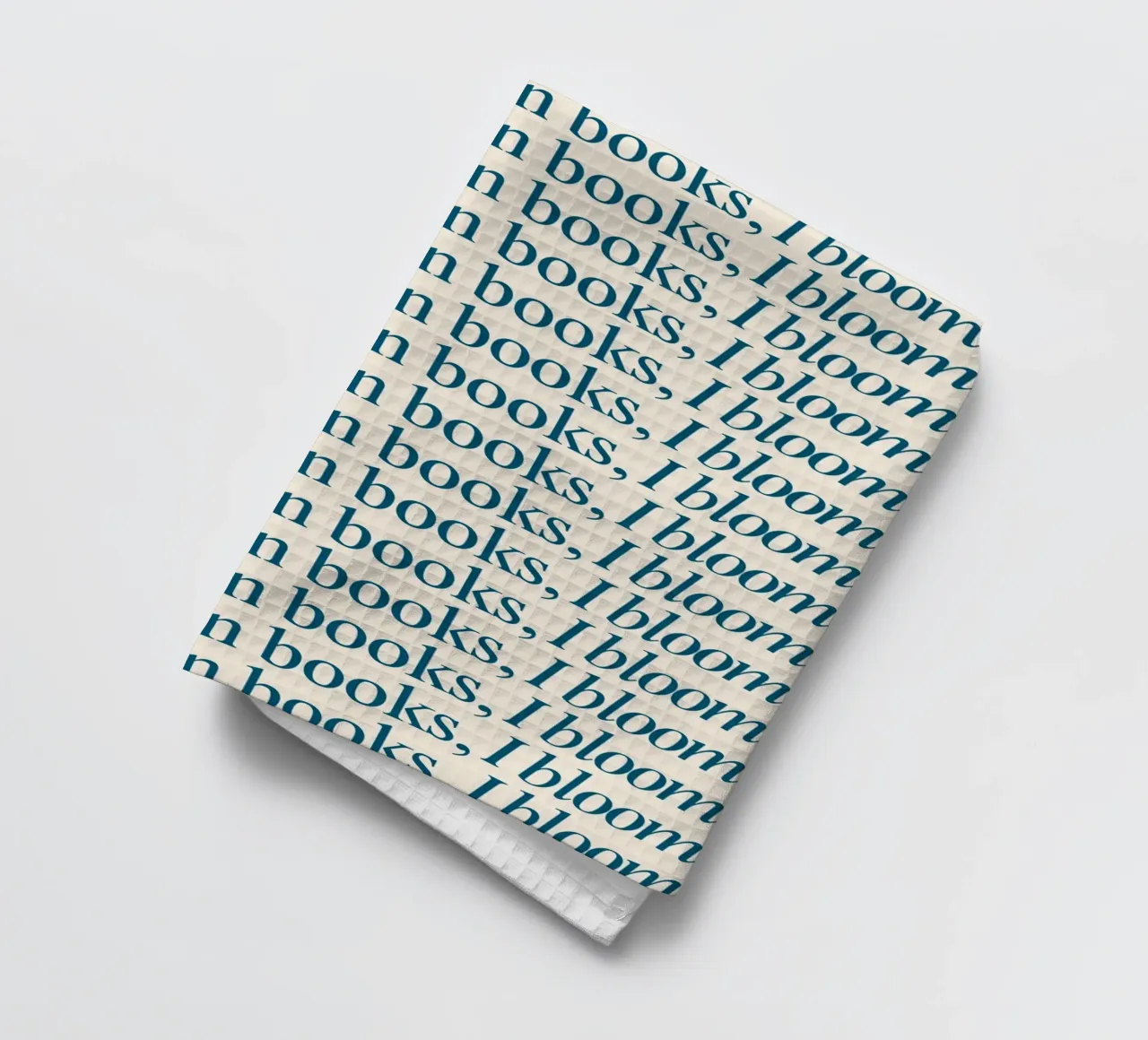 "In Books, I Bloom" Repetitive Typography Art Print tea towel by vintagepod