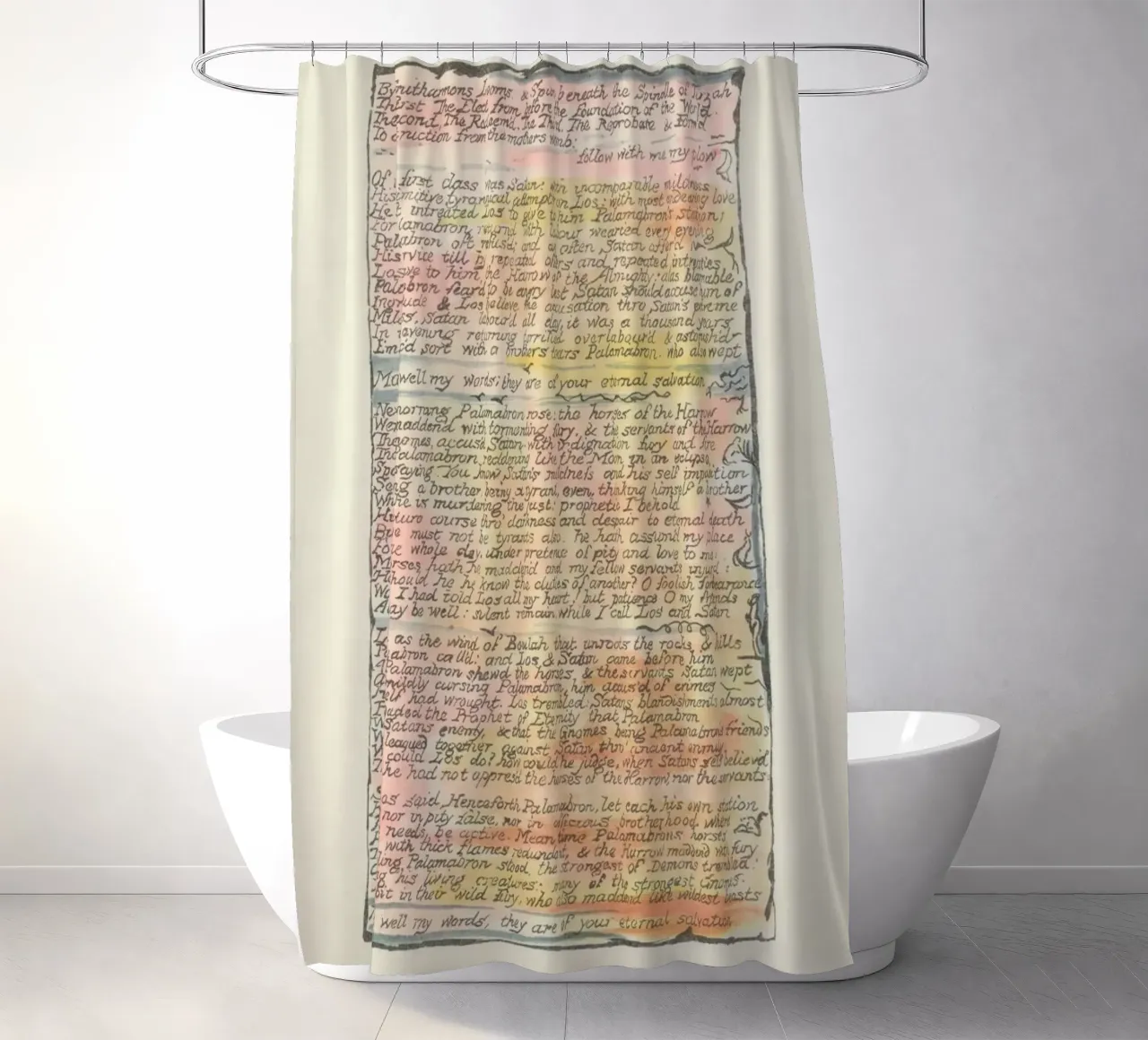 Pagina di grimorio antico con testo "Eternal Salvation" (salvezza eterna) tenda da doccia da vintagepod