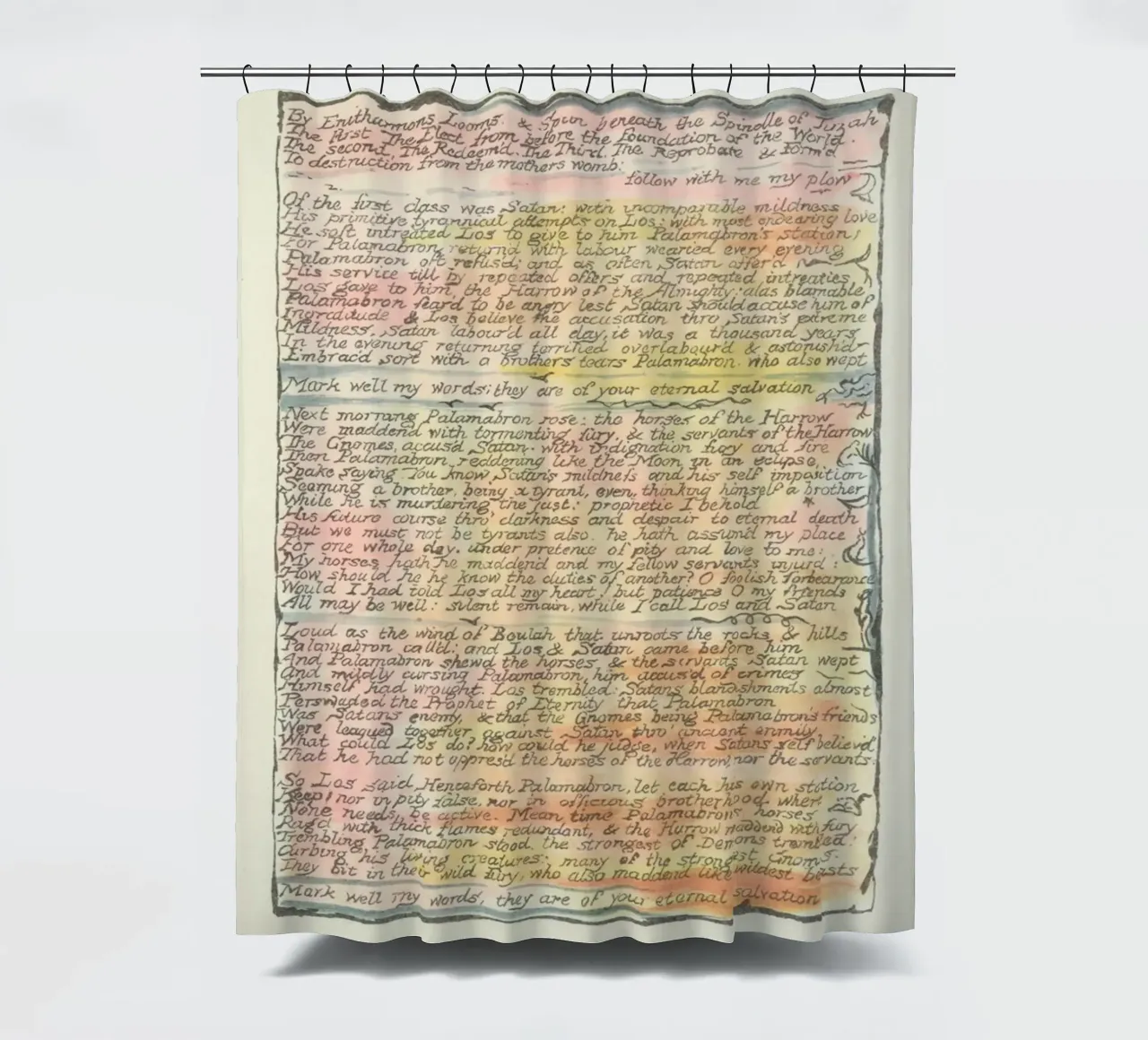 Pagina di grimorio antico con testo "Eternal Salvation" (salvezza eterna) tenda da doccia da vintagepod