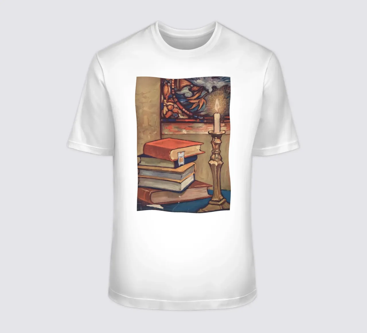 Natura morta con libri e candele di C. Palmer t-shirt da vintagepod