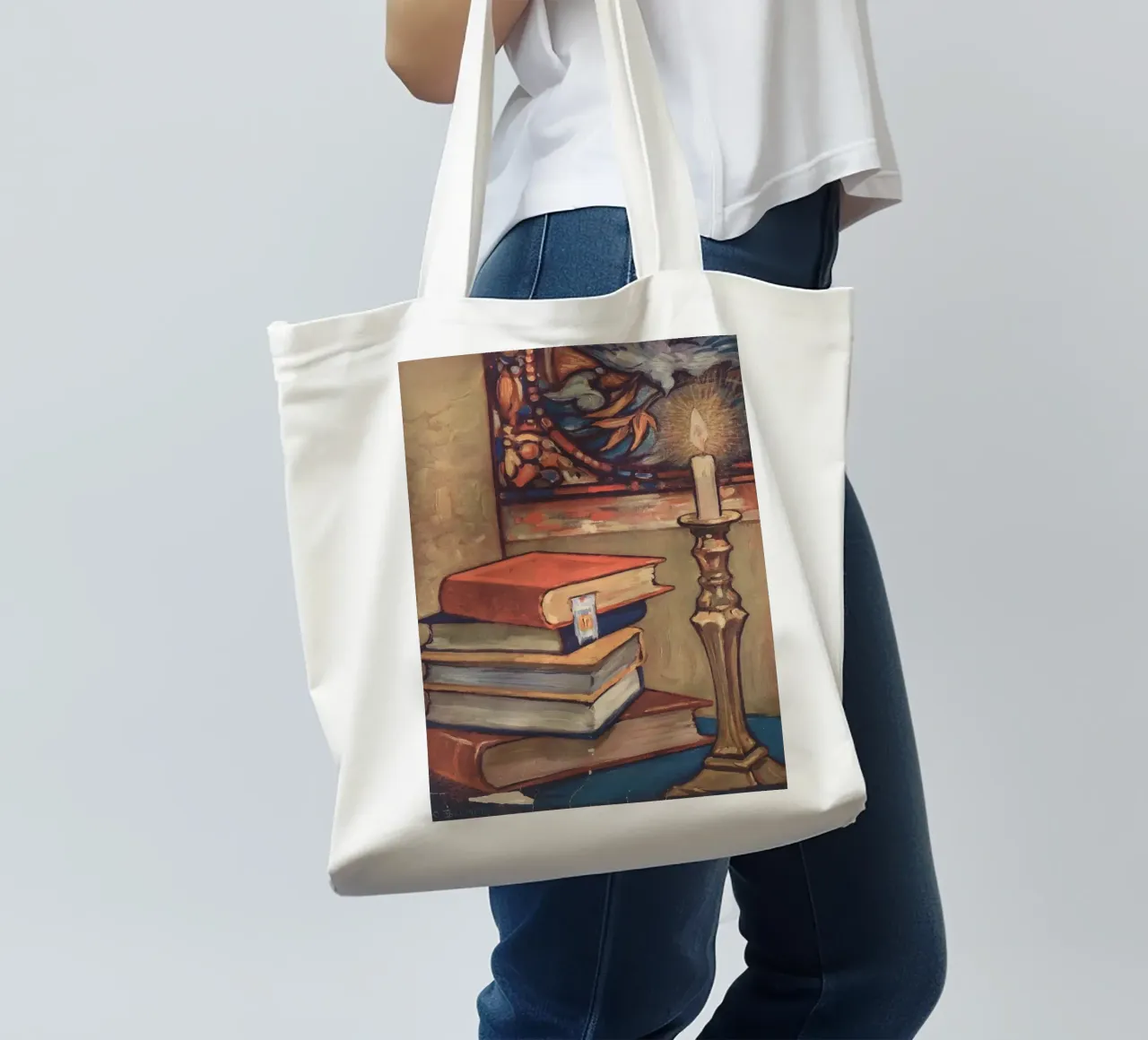 Natura morta con libri e candele di C. Palmer borsa in juta da vintagepod