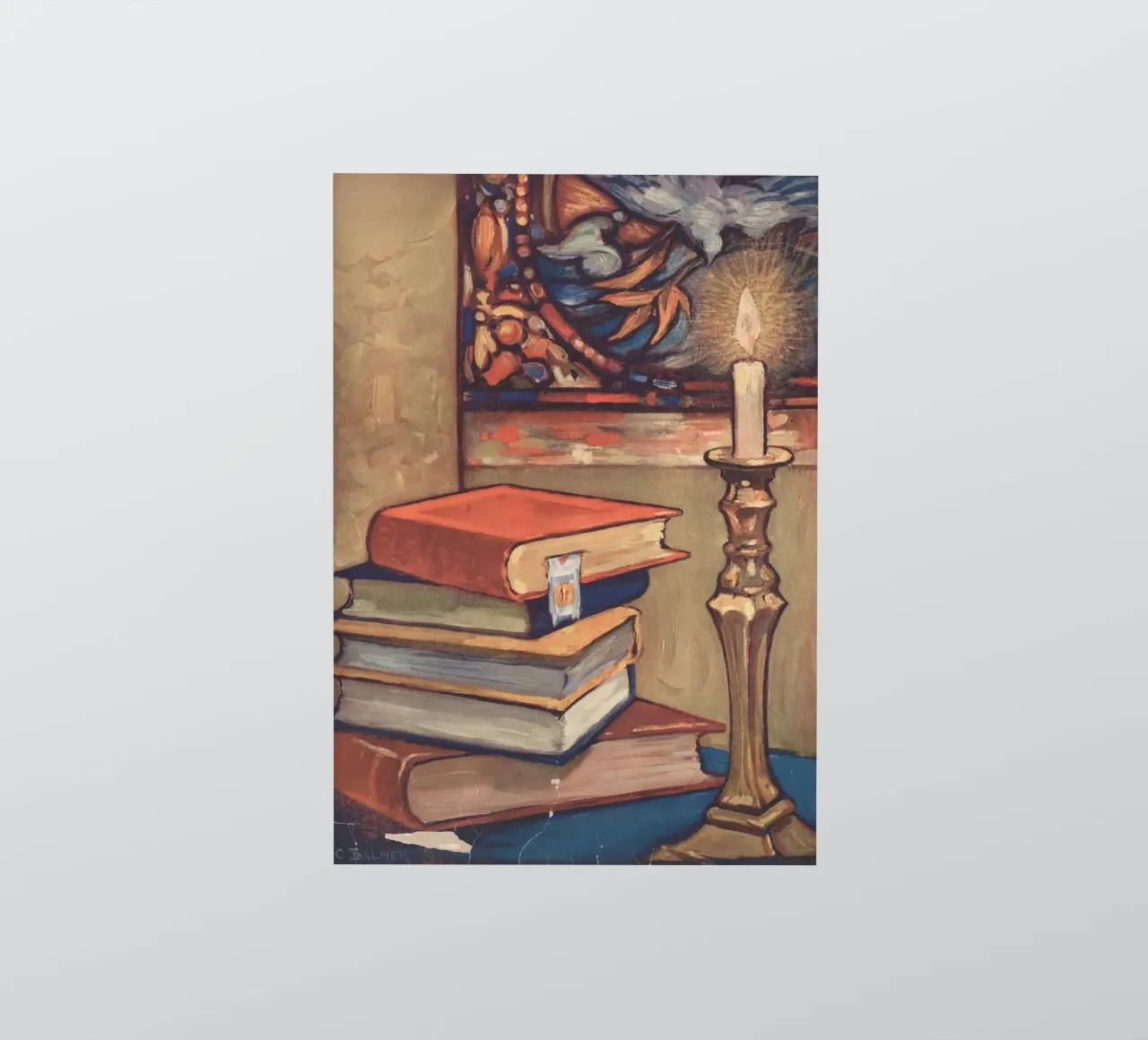 Bodegón con libros y vela de C. Palmer pegatina de vintagepod
