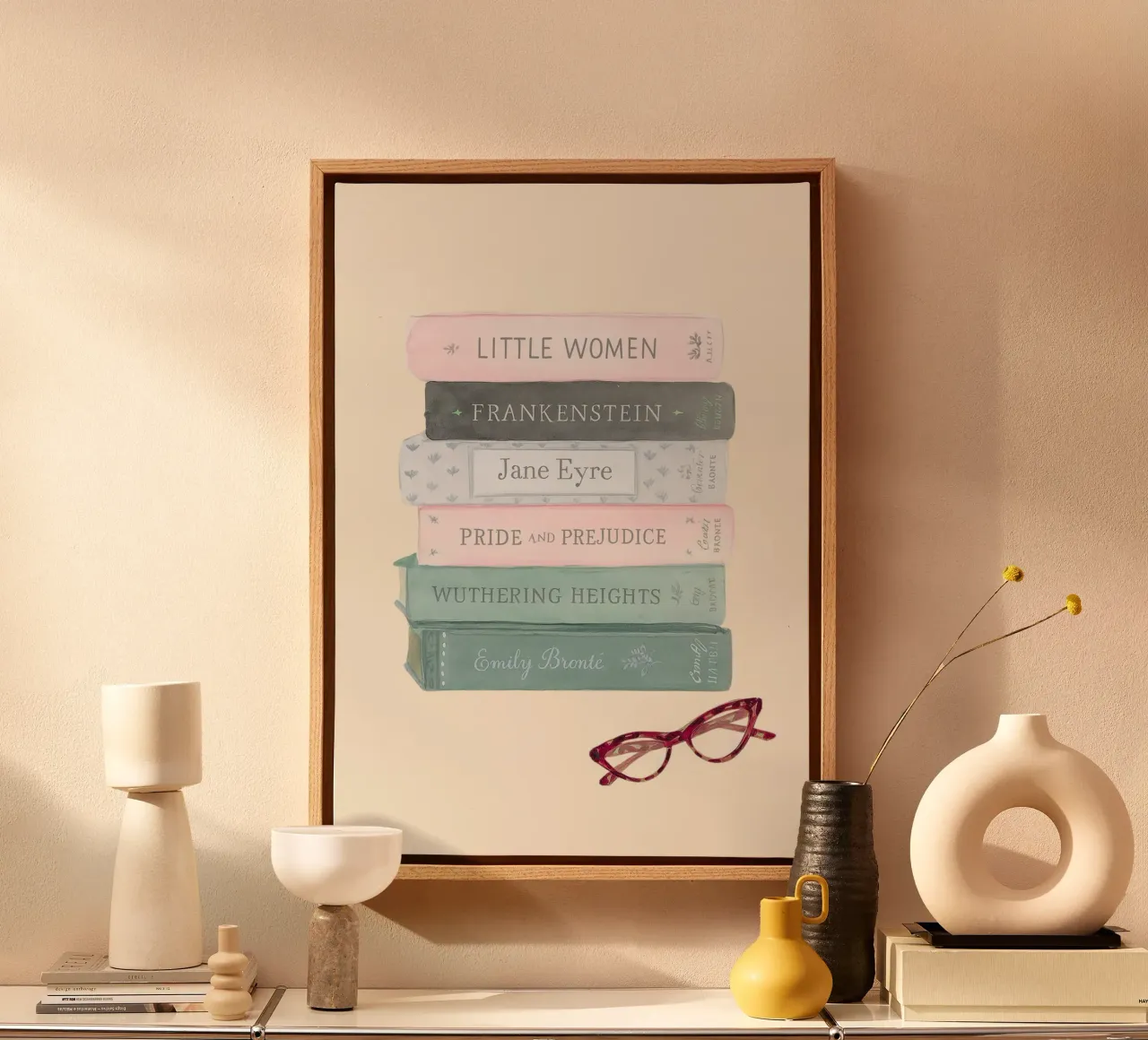 Classic Literature Stack - Feminist Reading List Art canvas with Floater frame by vintagepod