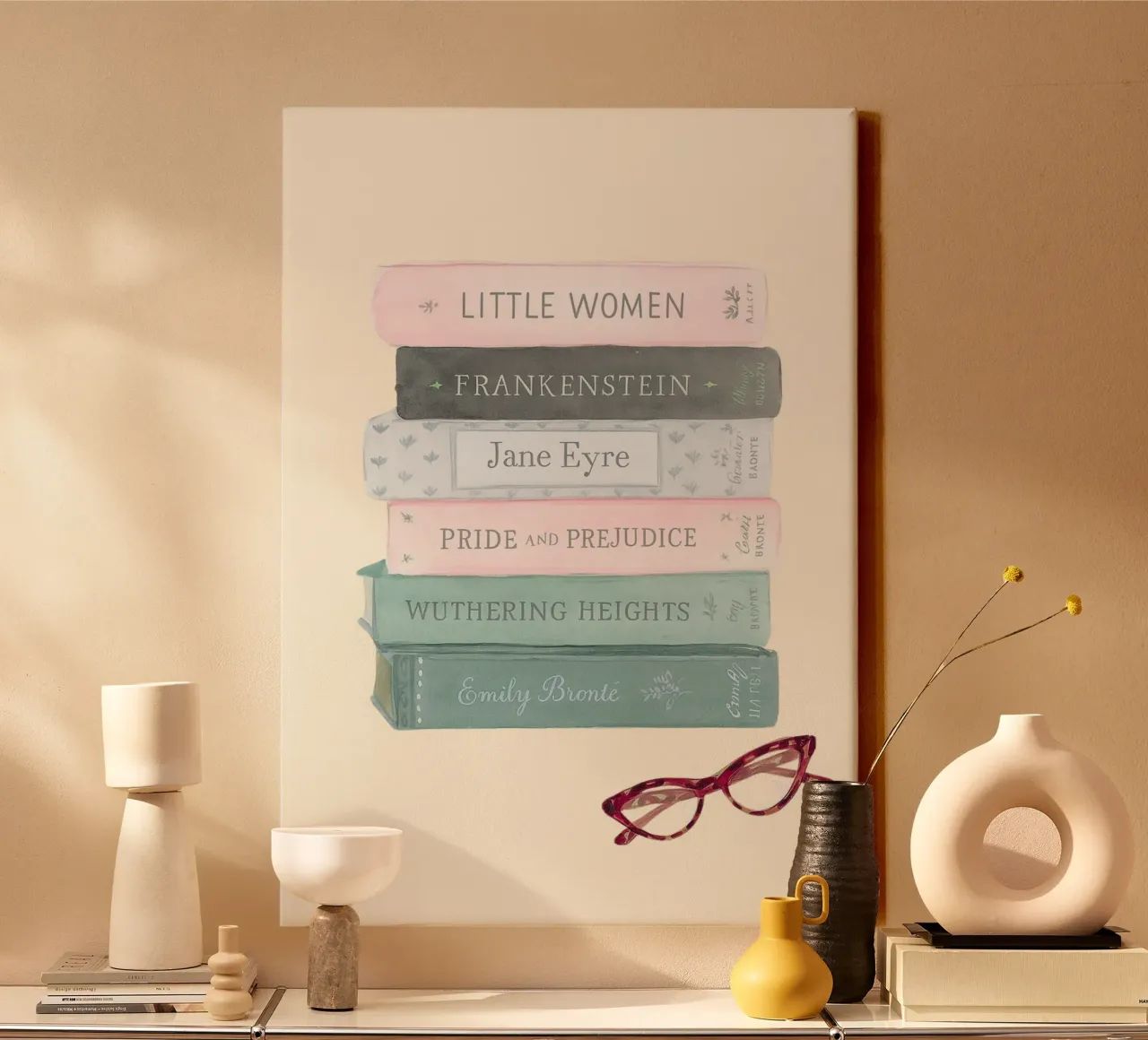Classic Literature Stack - Feminist Reading List Art canvas with Floater frame by vintagepod