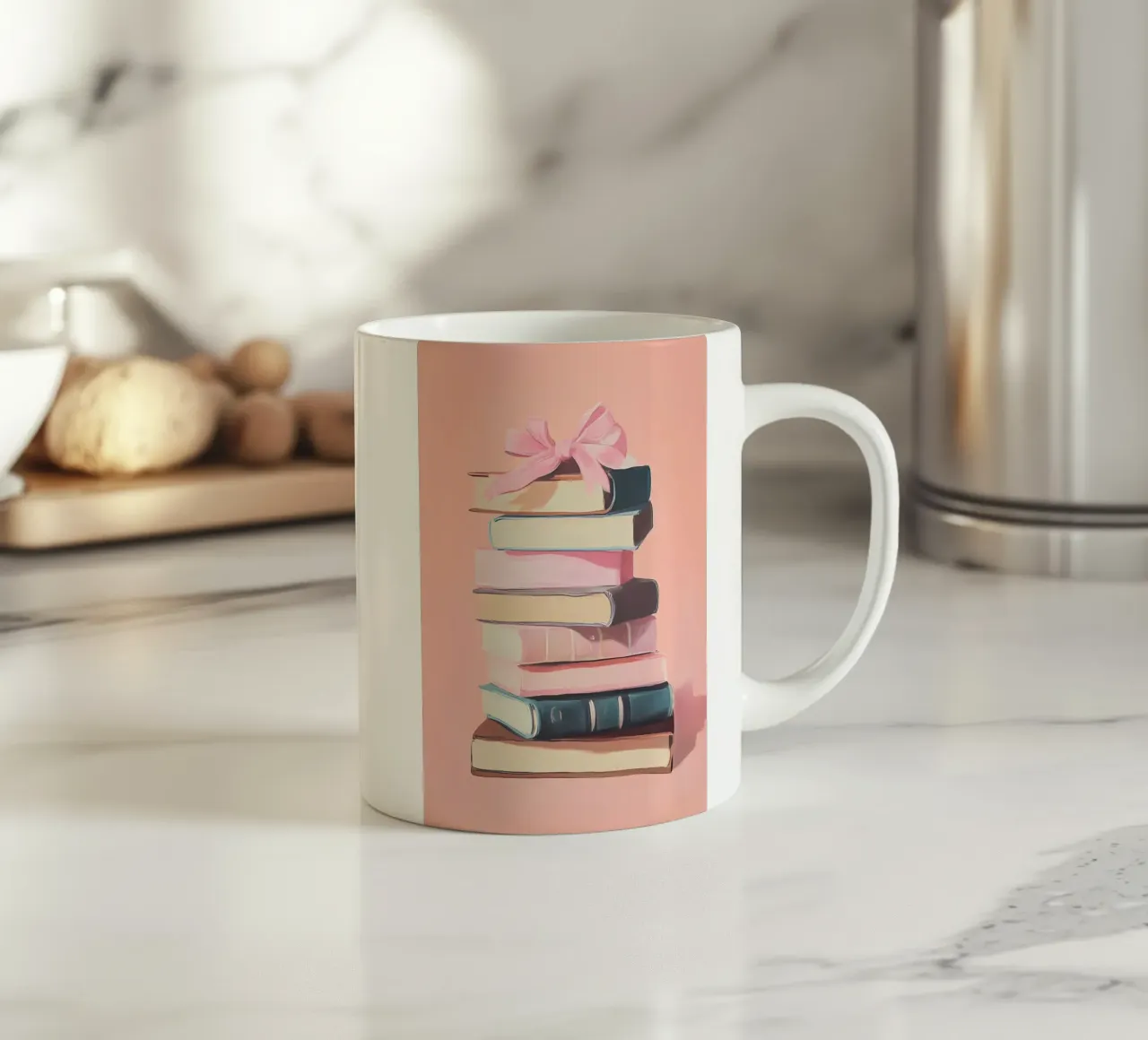 Pila di libri con fiocco rosa - Regalo libro in pastello tazza in ceramica da vintagepod