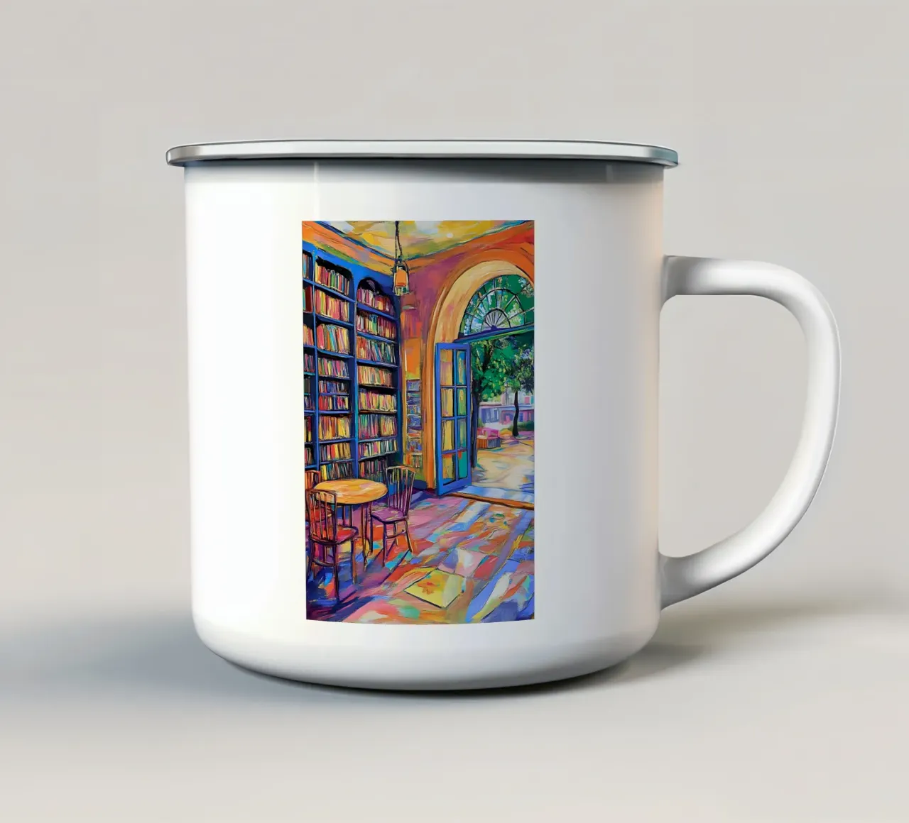 Levendige bibliotheek en tuin - Expressionistische kunstdruk emaille mok van vintagepod