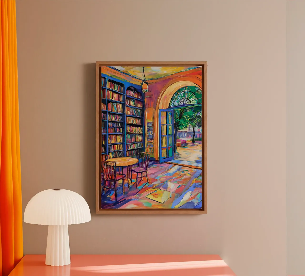 Vibrant Library and Garden - Expressionist Art Print canvas with Floater frame by vintagepod