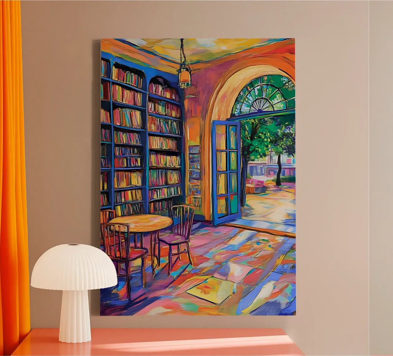 Vibrant Library and Garden - Expressionist Art Print canvas with Floater frame by vintagepod