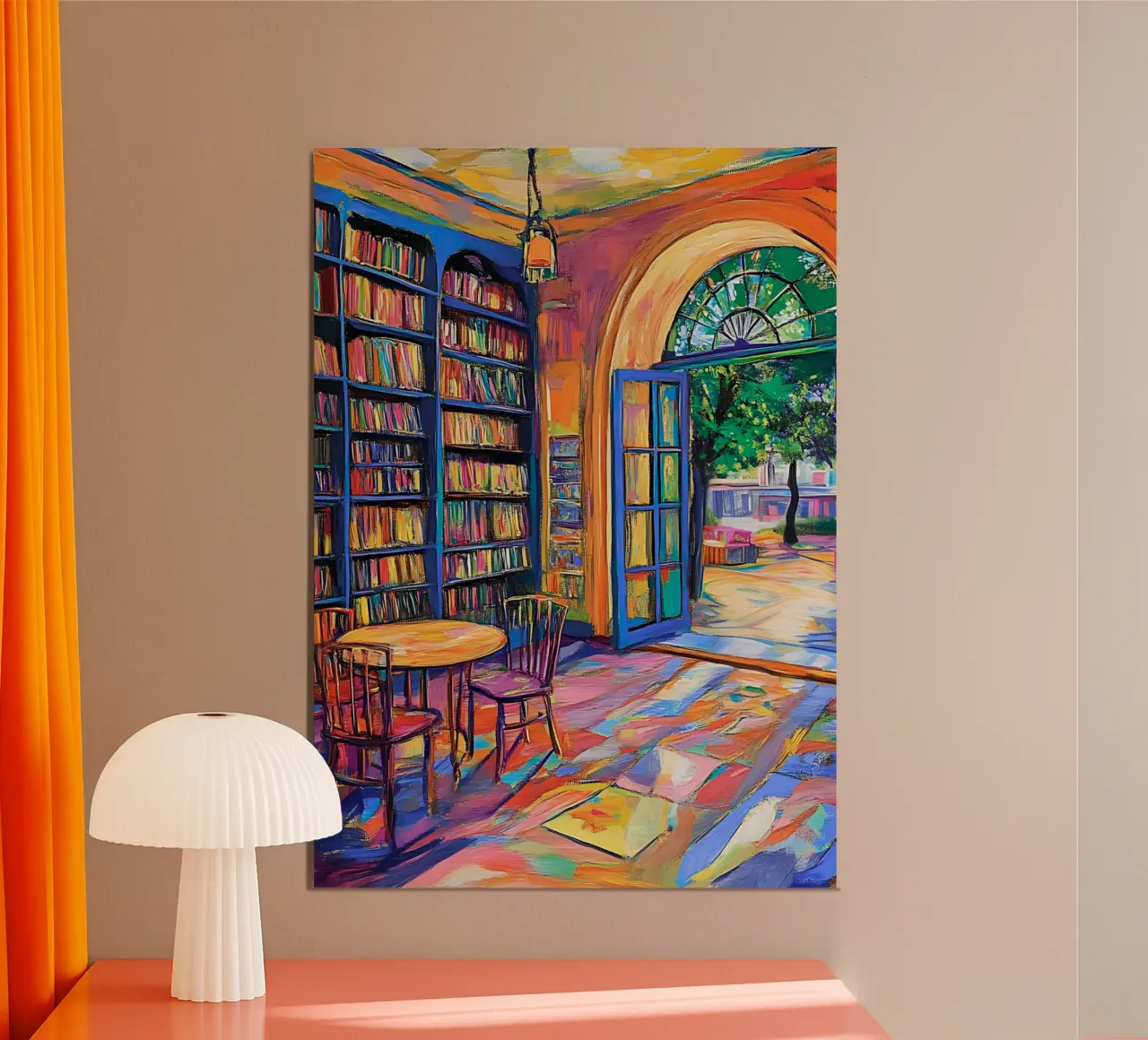 Vibrant Library and Garden - Expressionist Art Print poster with aluminum frame by vintagepod
