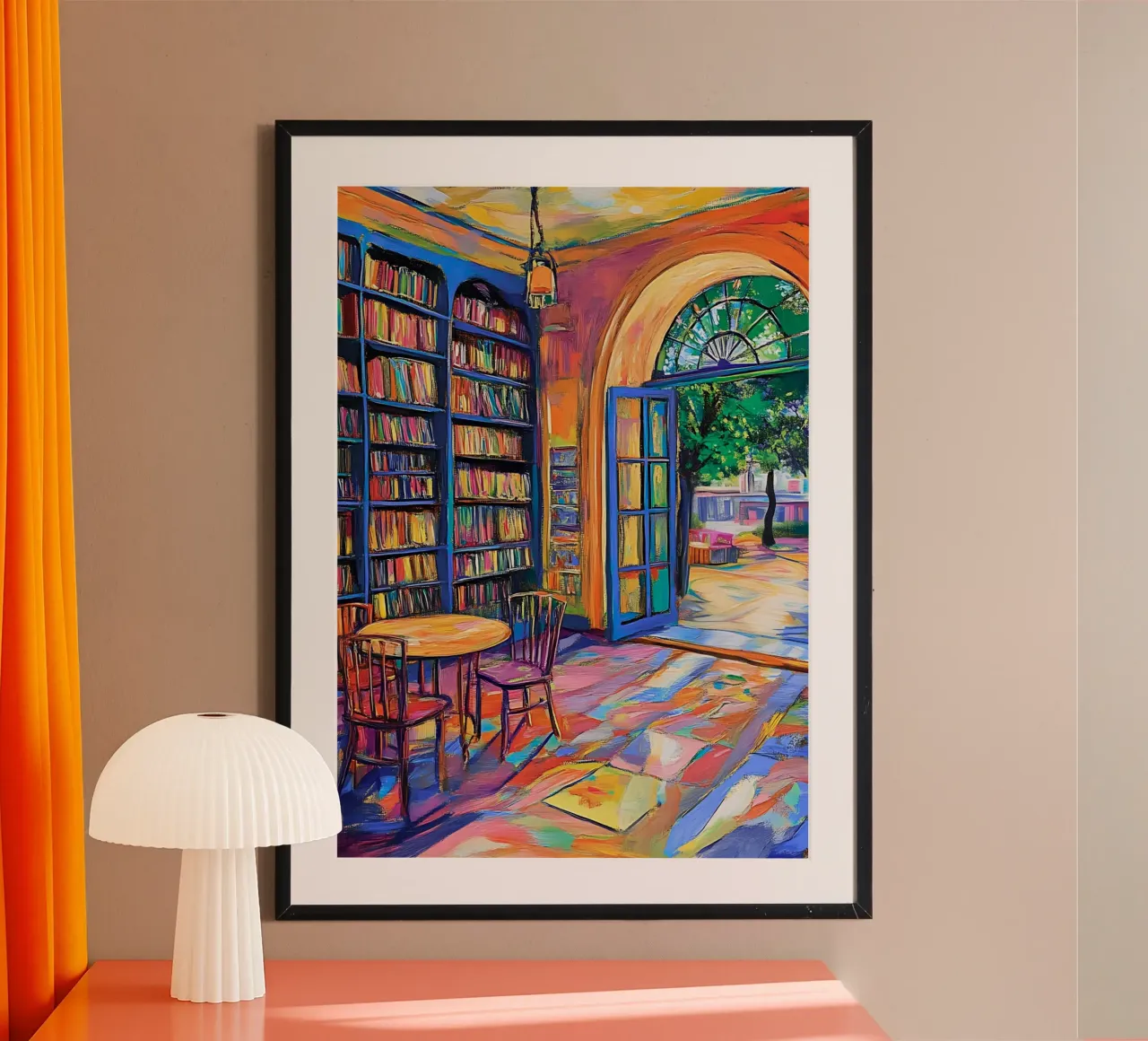 Vibrant Library and Garden - Expressionist Art Print poster with aluminum frame by vintagepod