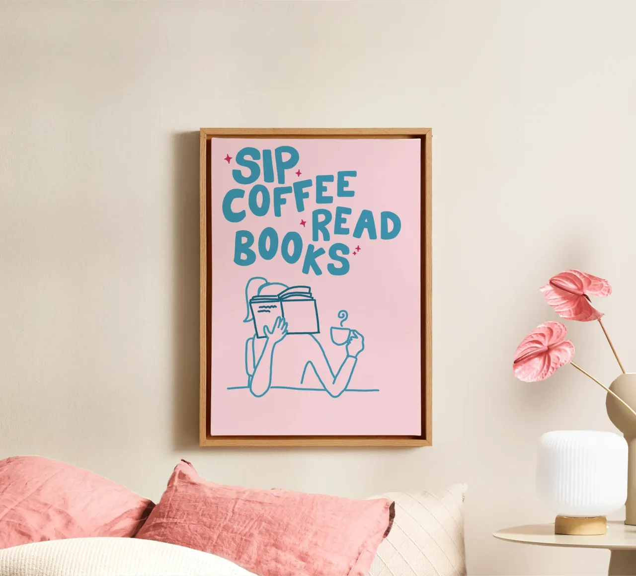 Póster "Sip Coffee Read Books" Ritual acogedor lienzo con Marco flotante de vintagepod