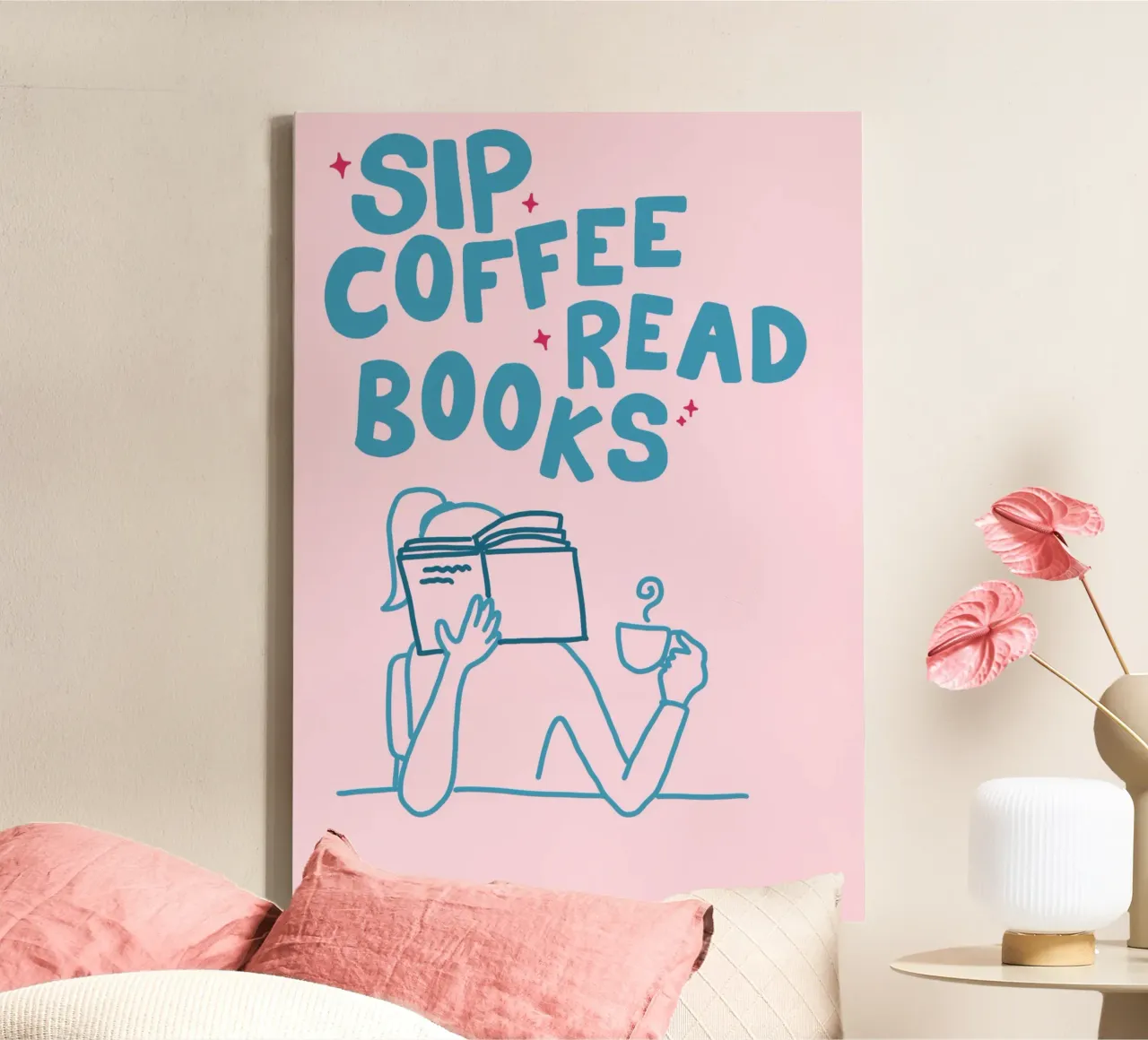 Póster "Sip Coffee Read Books" Ritual acogedor lienzo con Marco flotante de vintagepod
