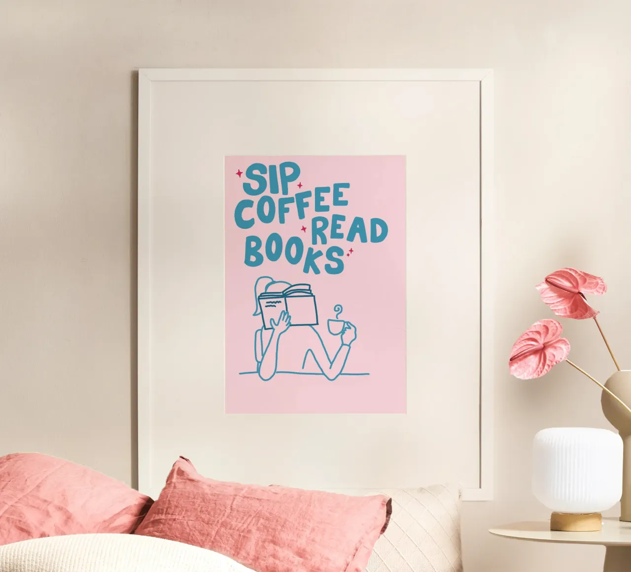 Póster "Sip Coffee Read Books" Ritual acogedor poster con marco de aluminio de vintagepod
