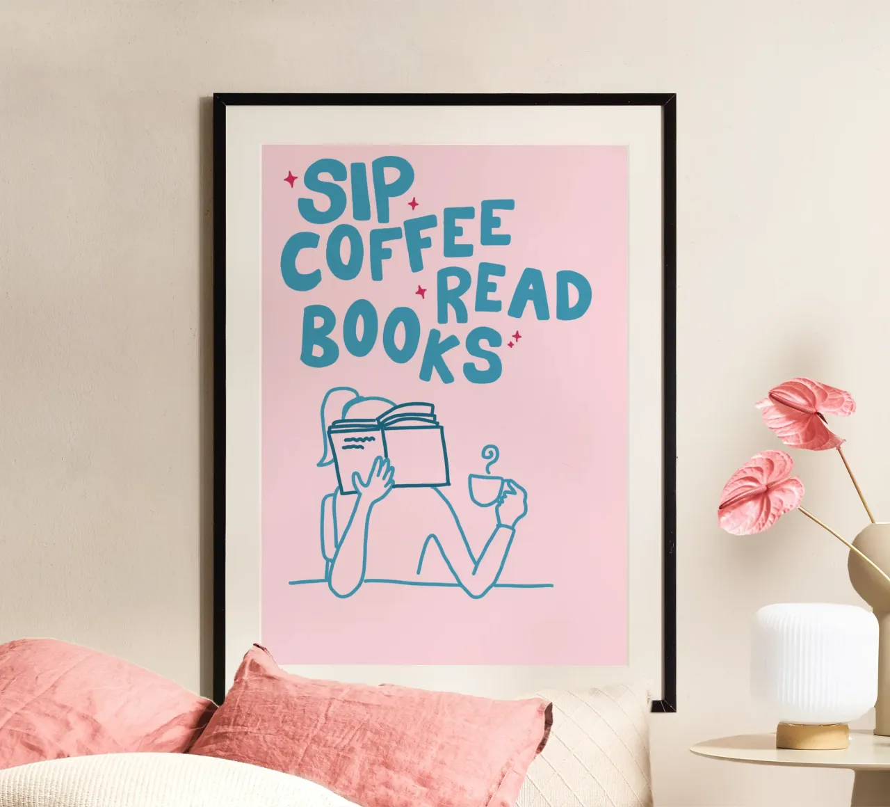 Póster "Sip Coffee Read Books" Ritual acogedor poster con marco de aluminio de vintagepod