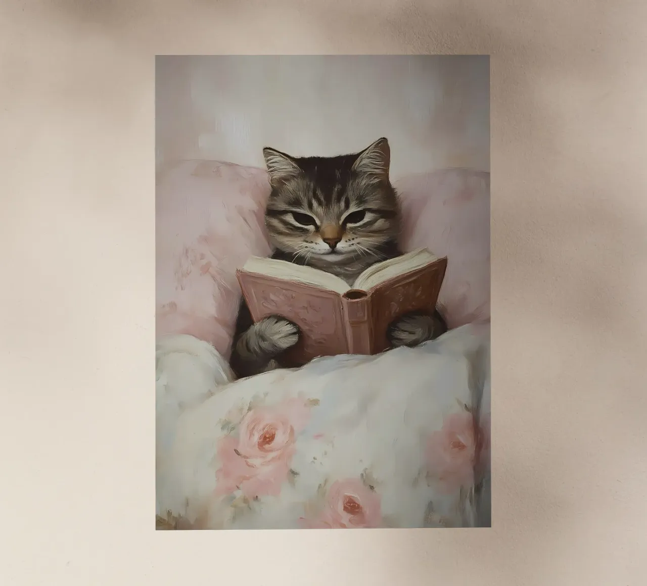 Tabby Katze lesend im Bett - Gemütlicher Bücherwurm Kunst Backlit Folie von vintagepod