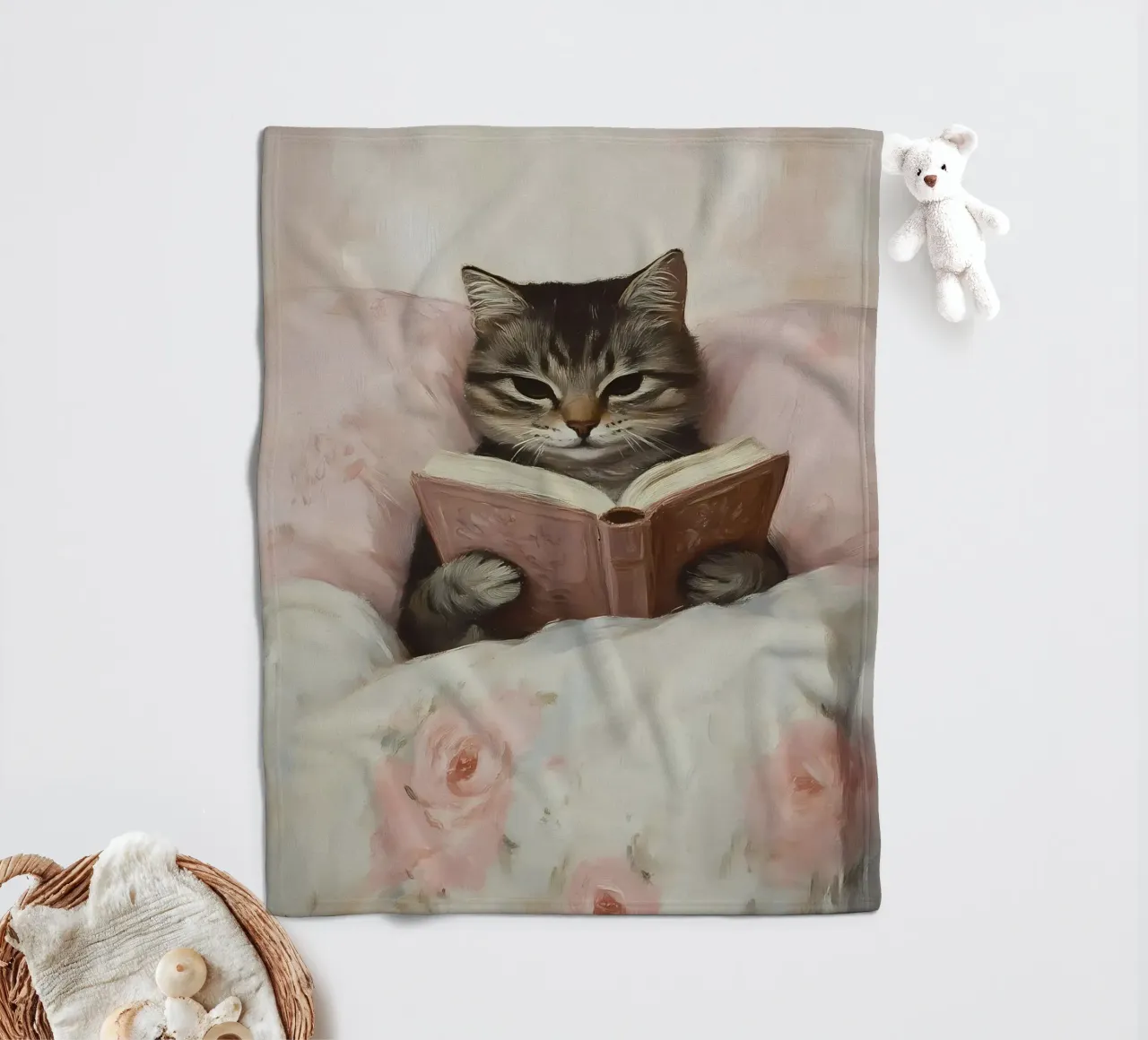 Tabby Katze lesend im Bett - Gemütlicher Bücherwurm Kunst Fleecedecke von vintagepod