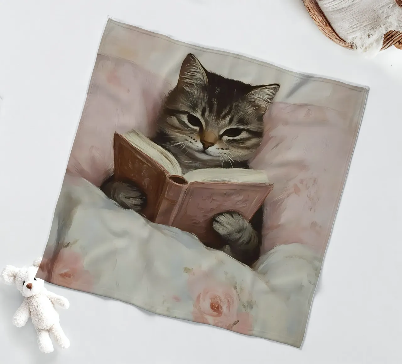 Tabby Katze lesend im Bett - Gemütlicher Bücherwurm Kunst Fleecedecke von vintagepod