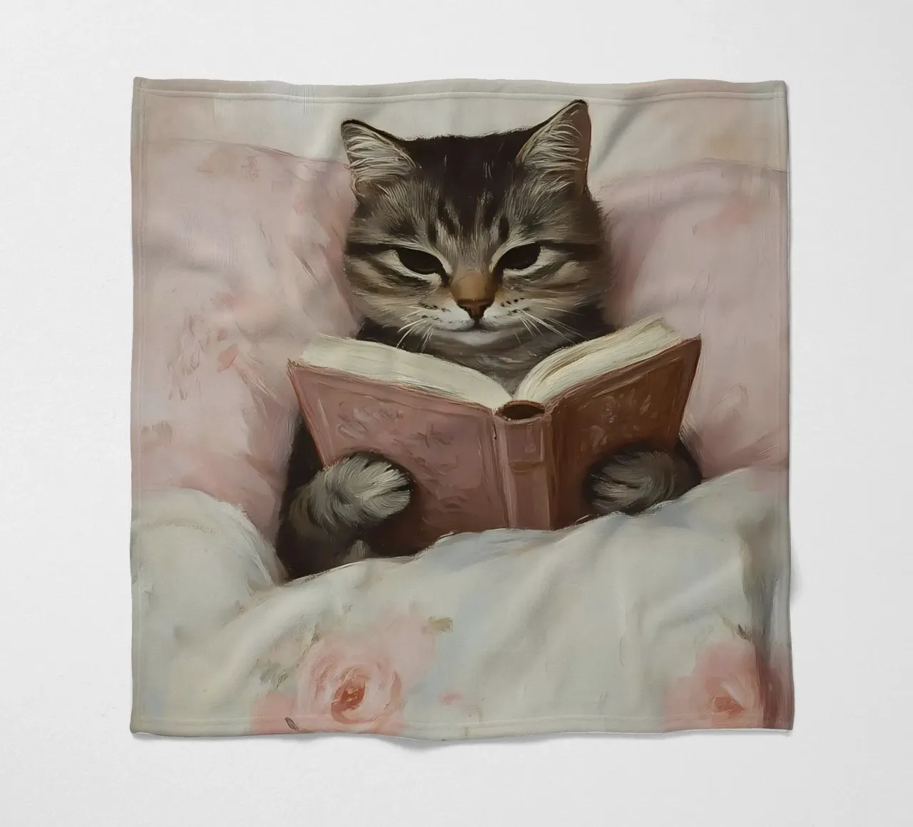 Tabby Katze lesend im Bett - Gemütlicher Bücherwurm Kunst Fleecedecke von vintagepod