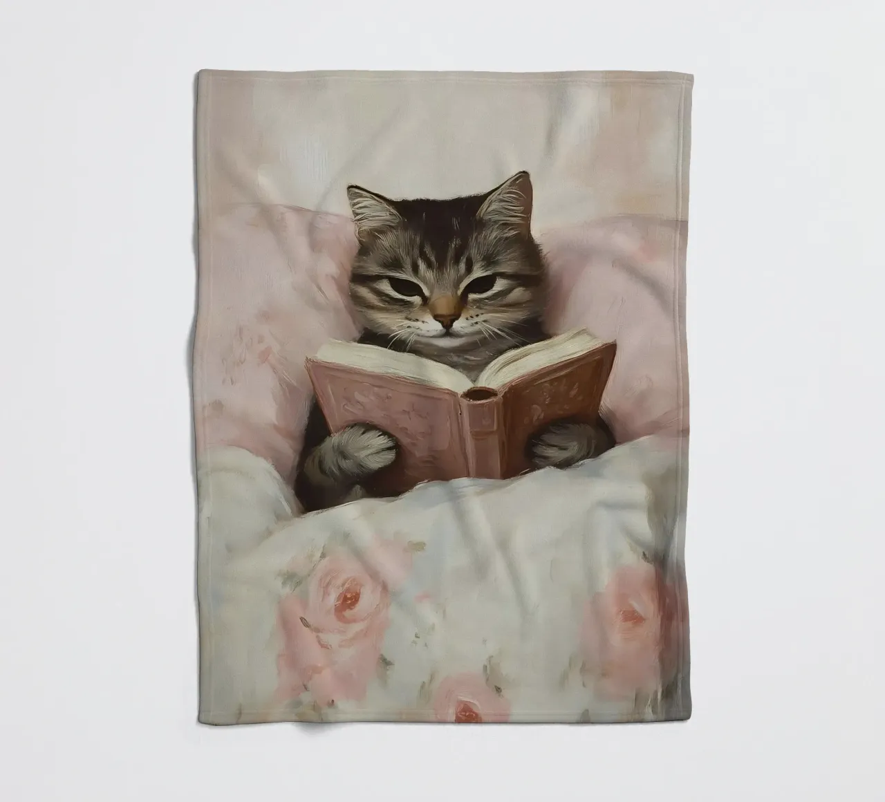 Tabby Katze lesend im Bett - Gemütlicher Bücherwurm Kunst Fleecedecke von vintagepod