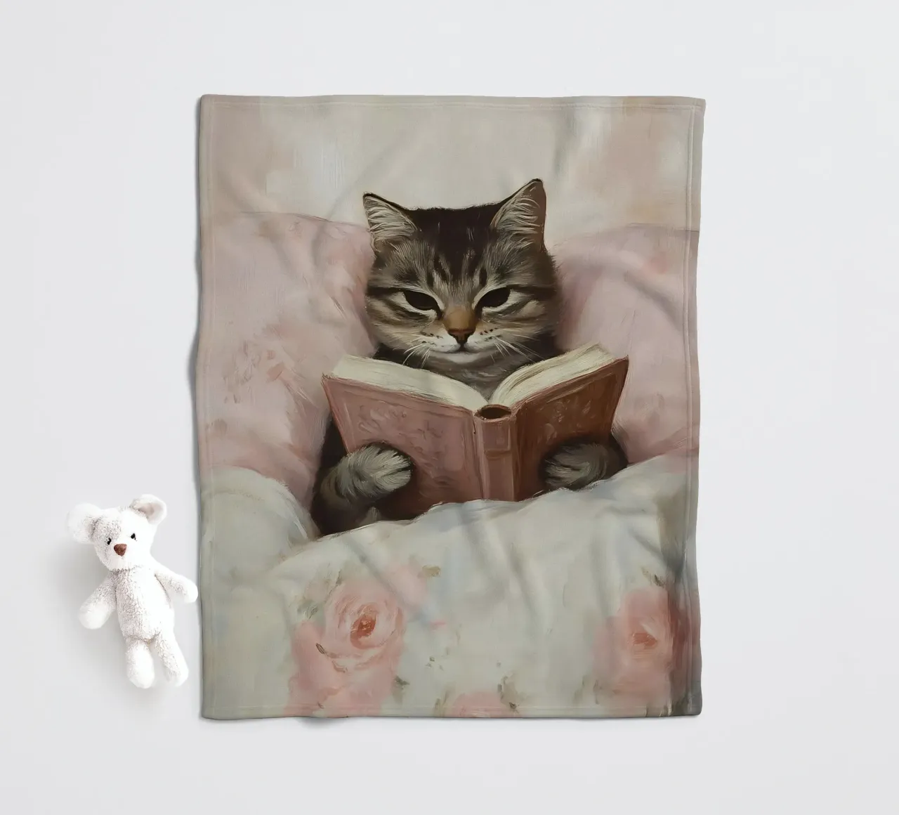 Tabby Katze lesend im Bett - Gemütlicher Bücherwurm Kunst Fleecedecke von vintagepod