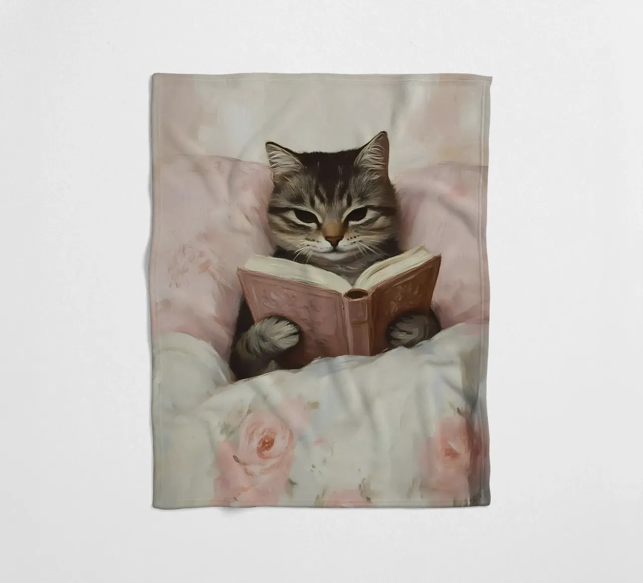 Tabby Katze lesend im Bett - Gemütlicher Bücherwurm Kunst Fleecedecke von vintagepod