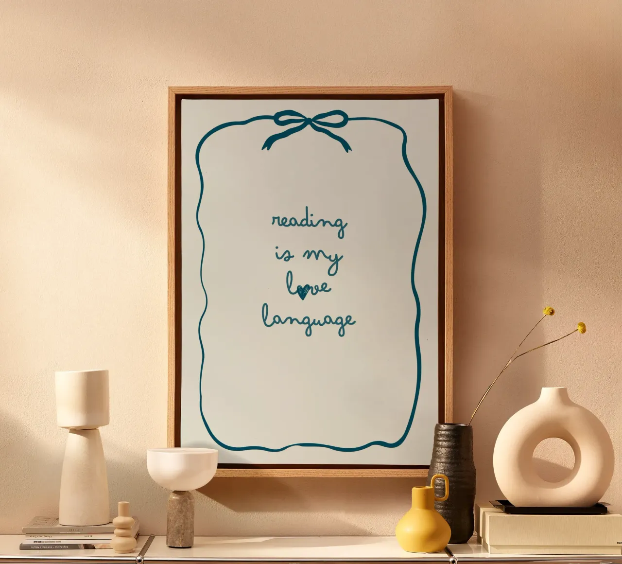 Affiche "Reading Is My Love Language" (La lecture est ma langue d'amour) avec nœud bleu toile avec Caisse américaine de vintagepod