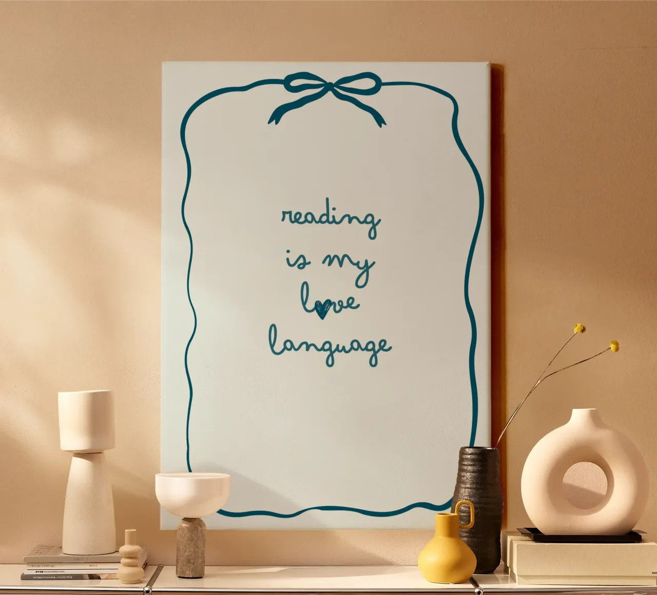 Affiche "Reading Is My Love Language" (La lecture est ma langue d'amour) avec nœud bleu toile avec Caisse américaine de vintagepod