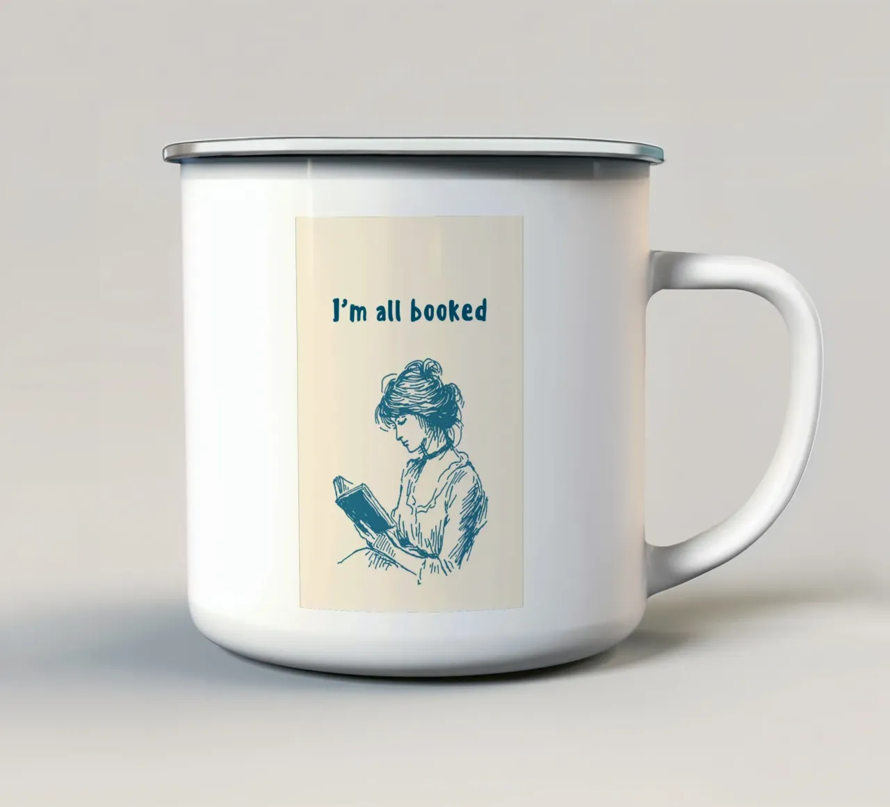 "I'm All Booked" Affiche d'illustration d'un lecteur d'époque mug en émail de vintagepod