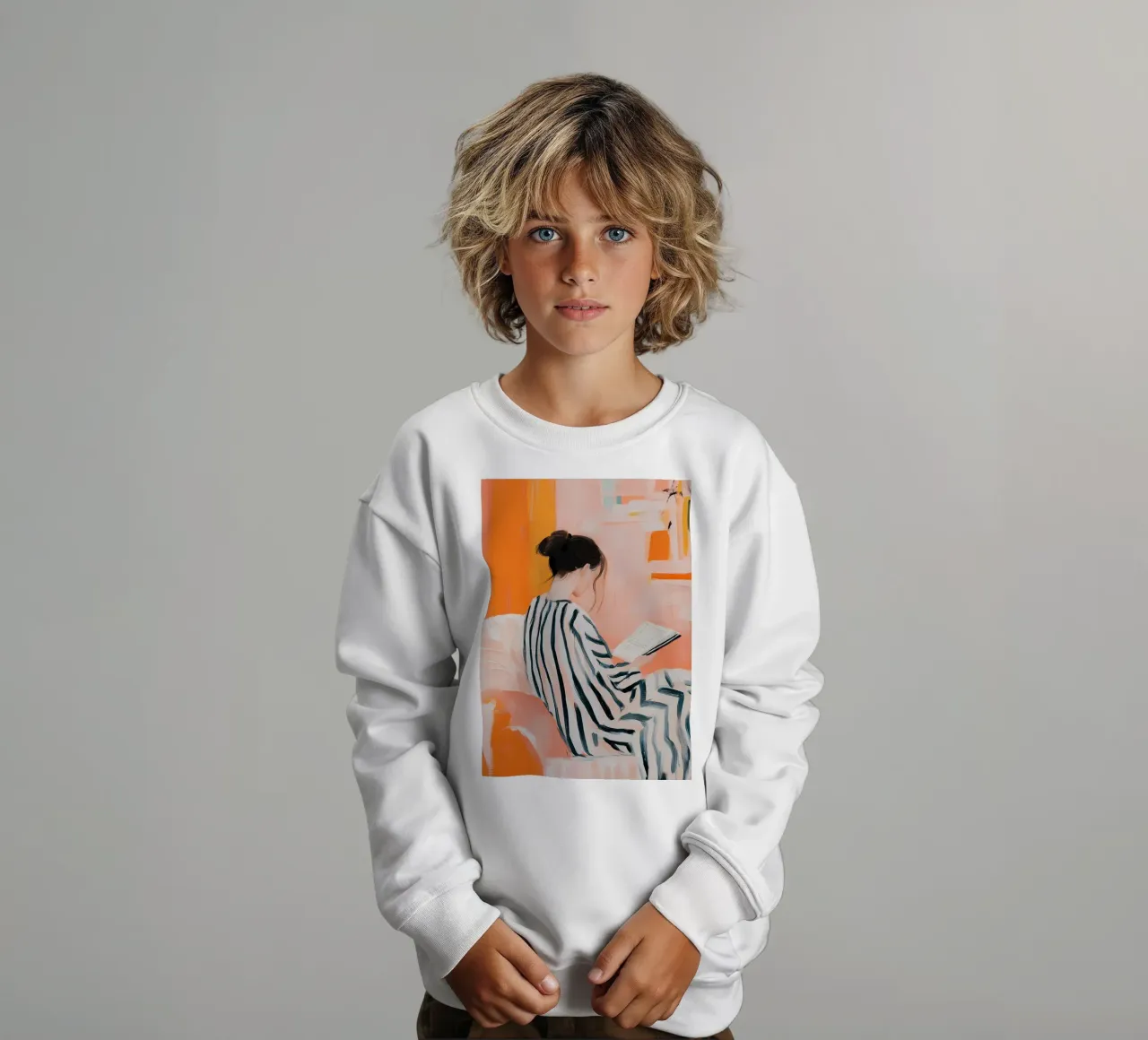 Abstract Reading Woman - Orange & Striped Serenity kids sweatshirt by vintagepod