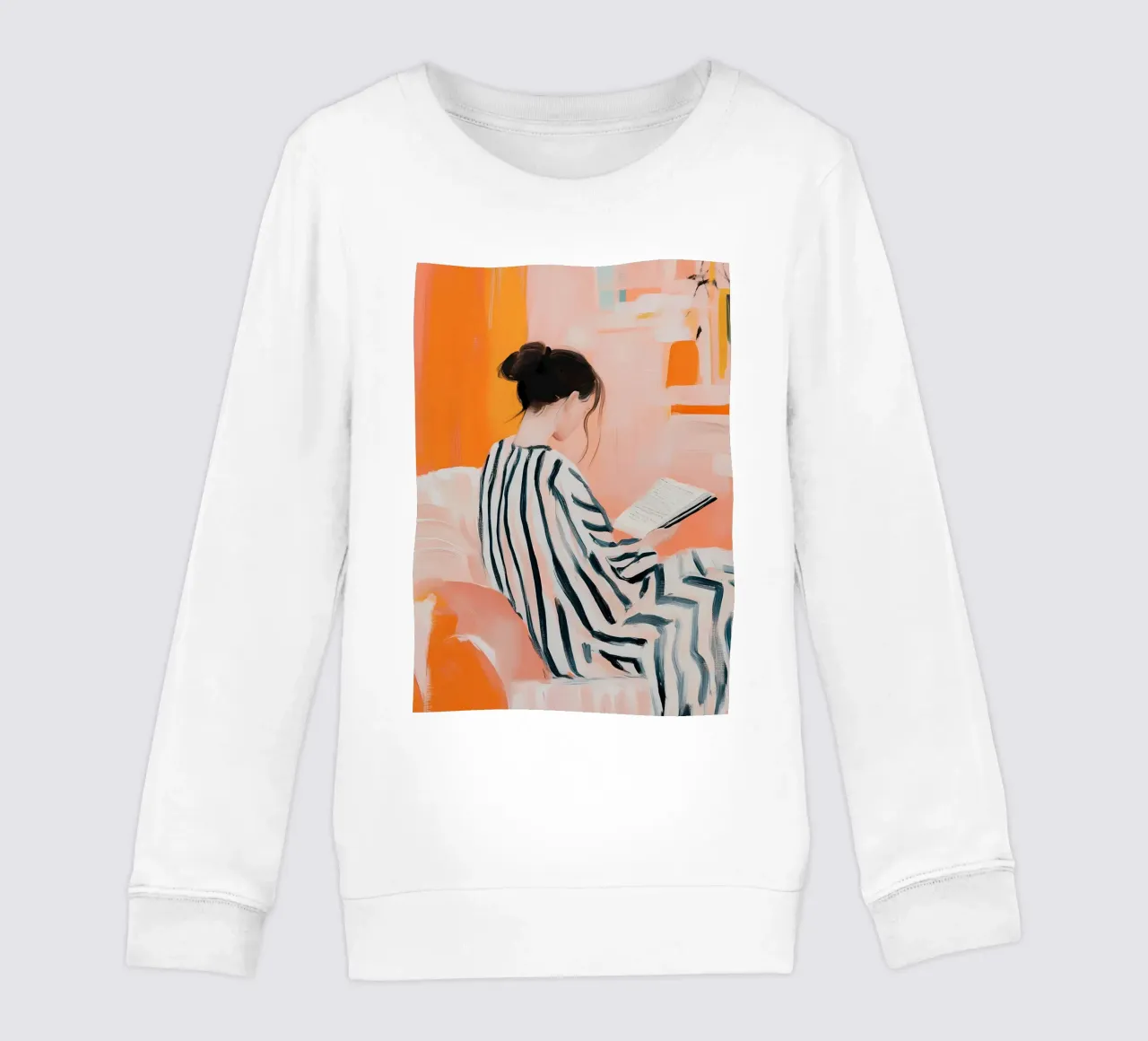 Abstract Reading Woman - Orange & Striped Serenity kids sweatshirt by vintagepod