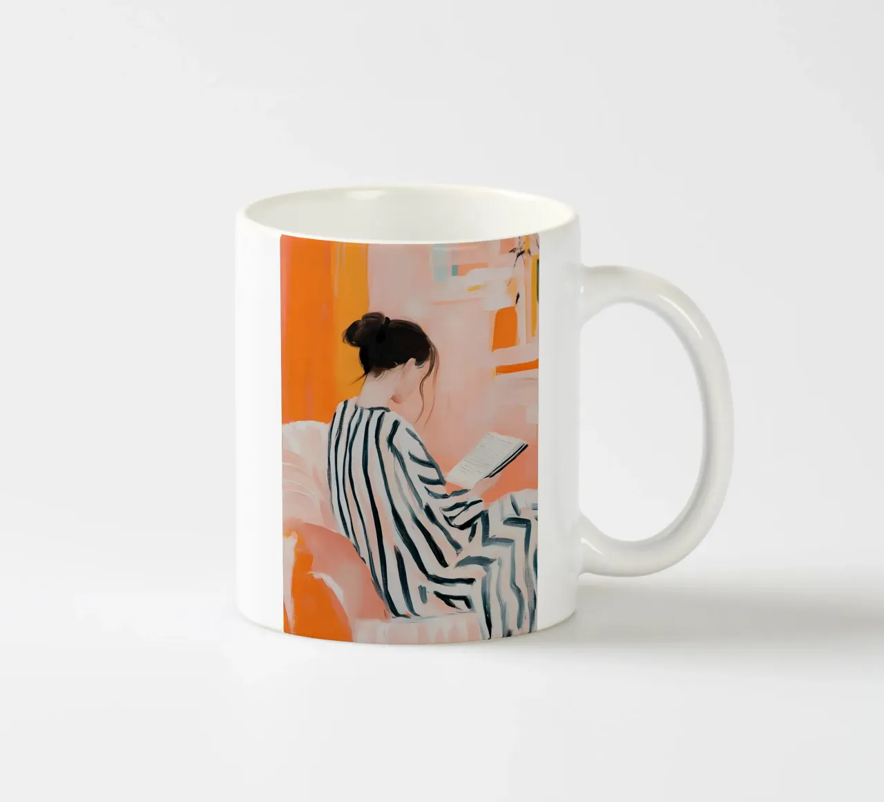 Donna che legge astratta - Serenità arancione e a righe tazza in ceramica da vintagepod