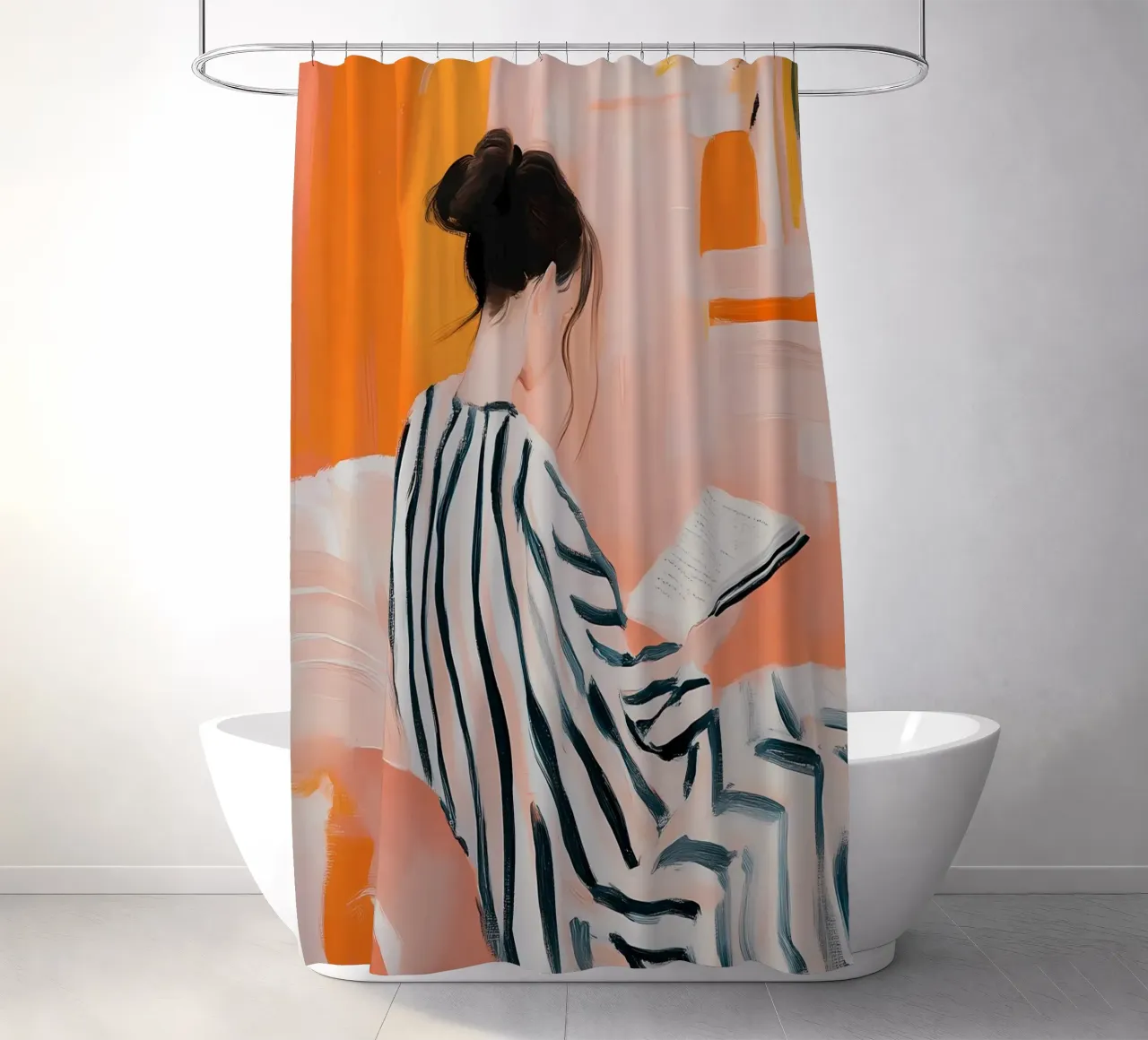 Abstract Reading Woman - Orange & Striped Serenity shower curtain by vintagepod
