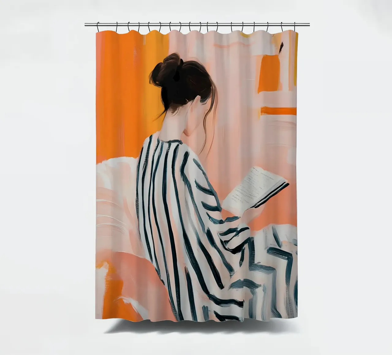 Abstract Reading Woman - Orange & Striped Serenity shower curtain by vintagepod