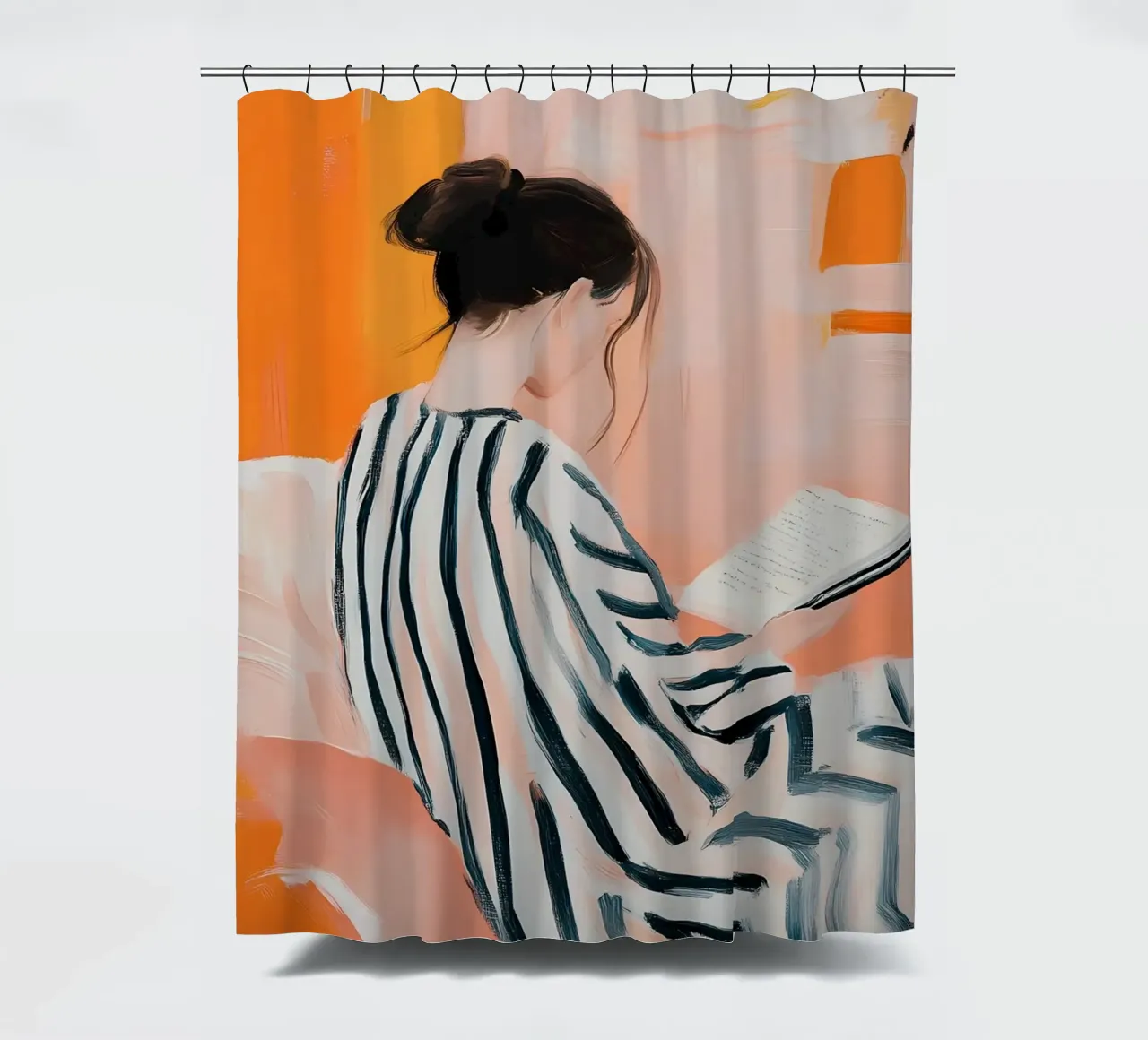 Abstract Reading Woman - Orange & Striped Serenity shower curtain by vintagepod