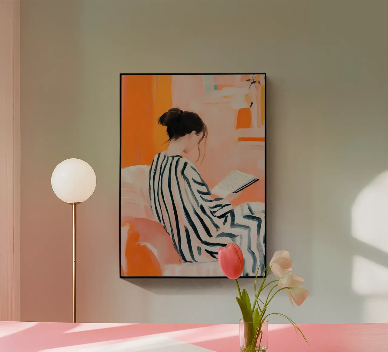 Abstrakte lesende Frau - Orange & gestreifte Gelassenheit Acryl-Glas von vintagepod