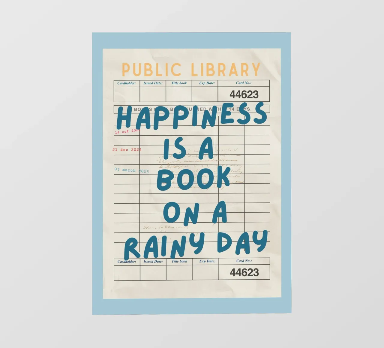 "Poster per la tessera della biblioteca "La felicità è un libro in un giorno di pioggia telo in pvc da vintagepod
