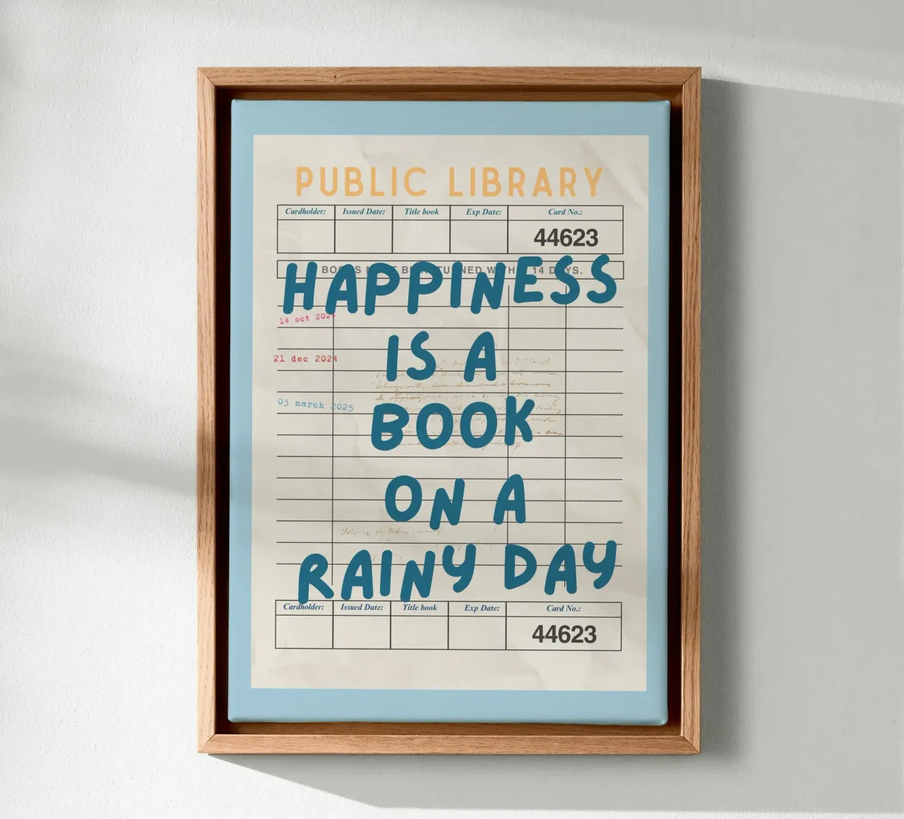 "Poster per la tessera della biblioteca "La felicità è un libro in un giorno di pioggia tela con Cornice a cassetta da vintagepod