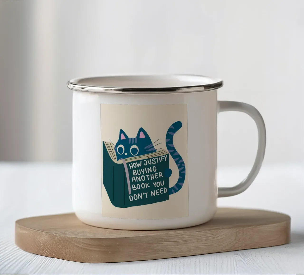Funny Cat Reading Poster – Book Lover Humor Art Print enamel mug by vintagepod