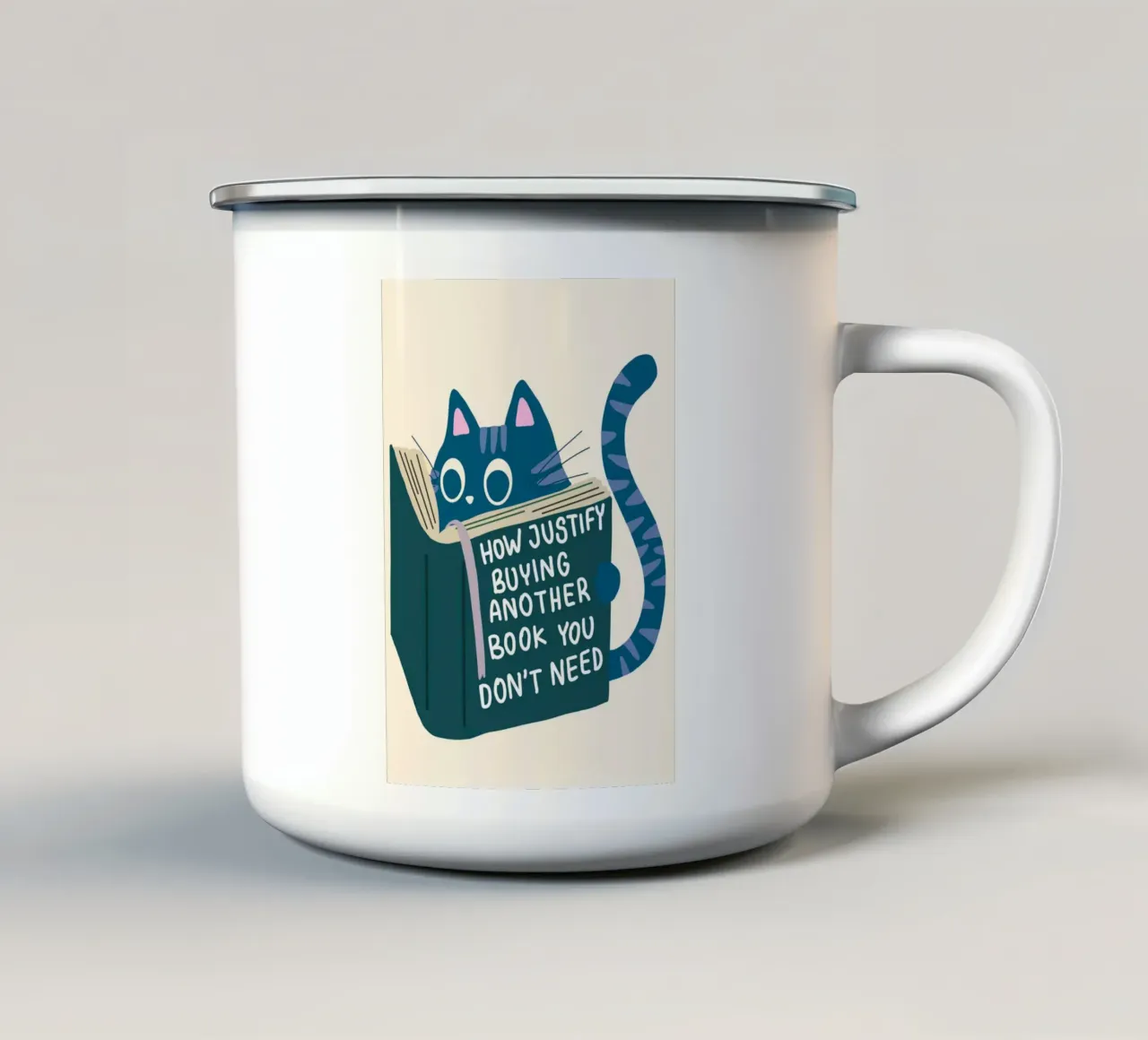 Funny Cat Reading Poster – Book Lover Humor Art Print enamel mug by vintagepod