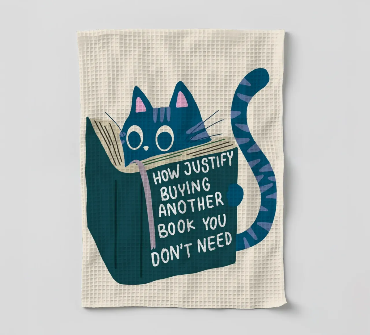 Funny Cat Reading Poster – Book Lover Humor Art Print tea towel by vintagepod