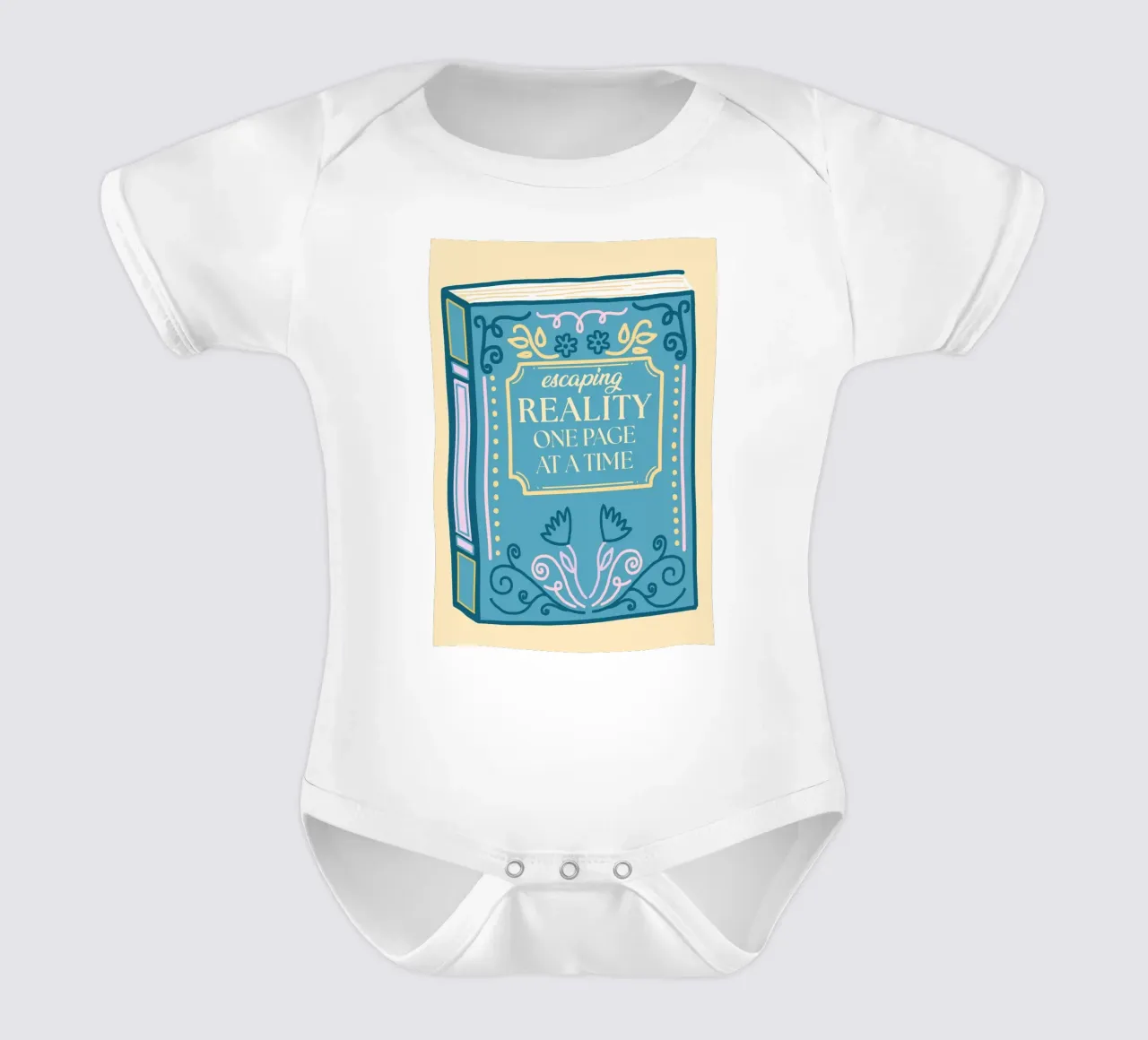 Whimsical Book Art – Escaping Reality Quote Poster short-sleeve baby romper by vintagepod