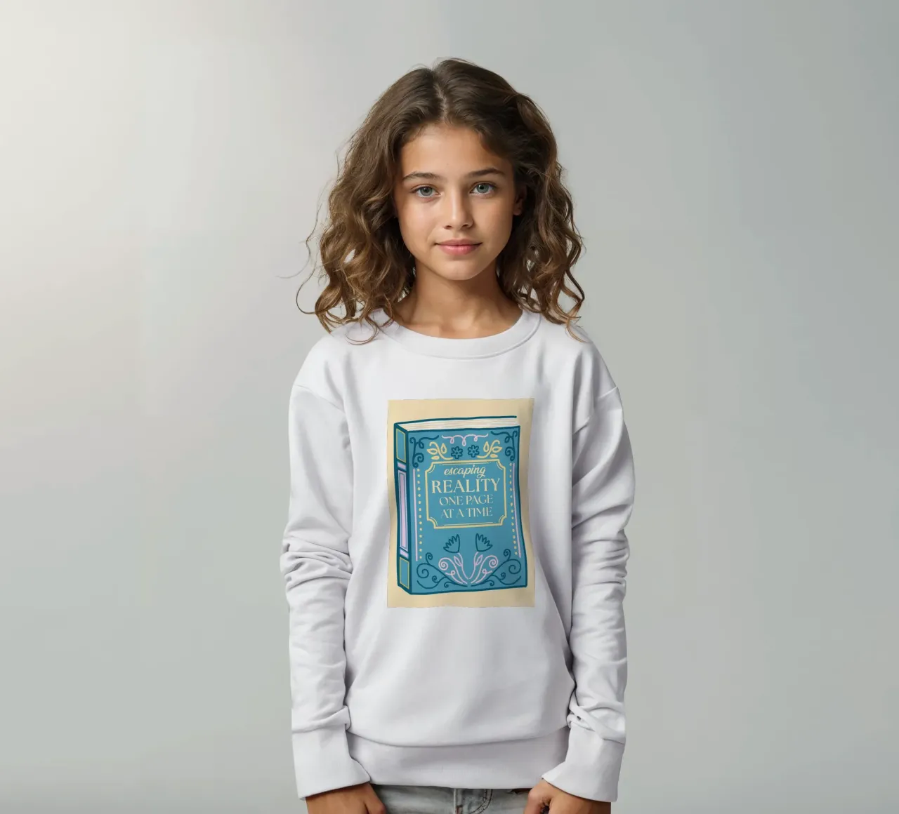 Whimsical Book Art – Escaping Reality Quote Poster kids sweatshirt by vintagepod