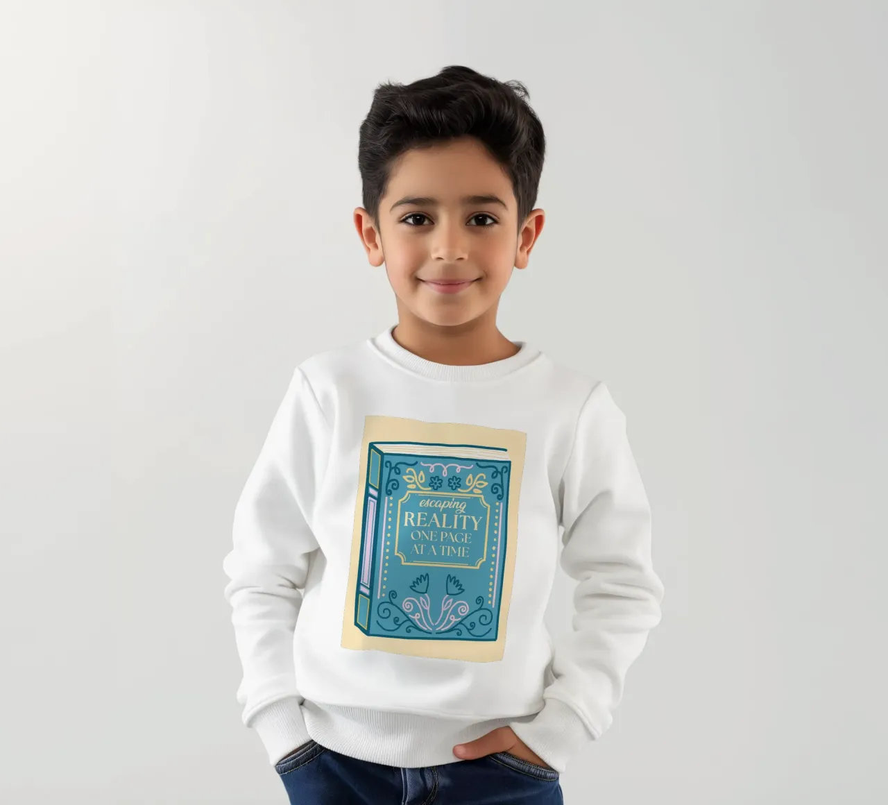 Whimsical Book Art – Escaping Reality Quote Poster kids sweatshirt by vintagepod